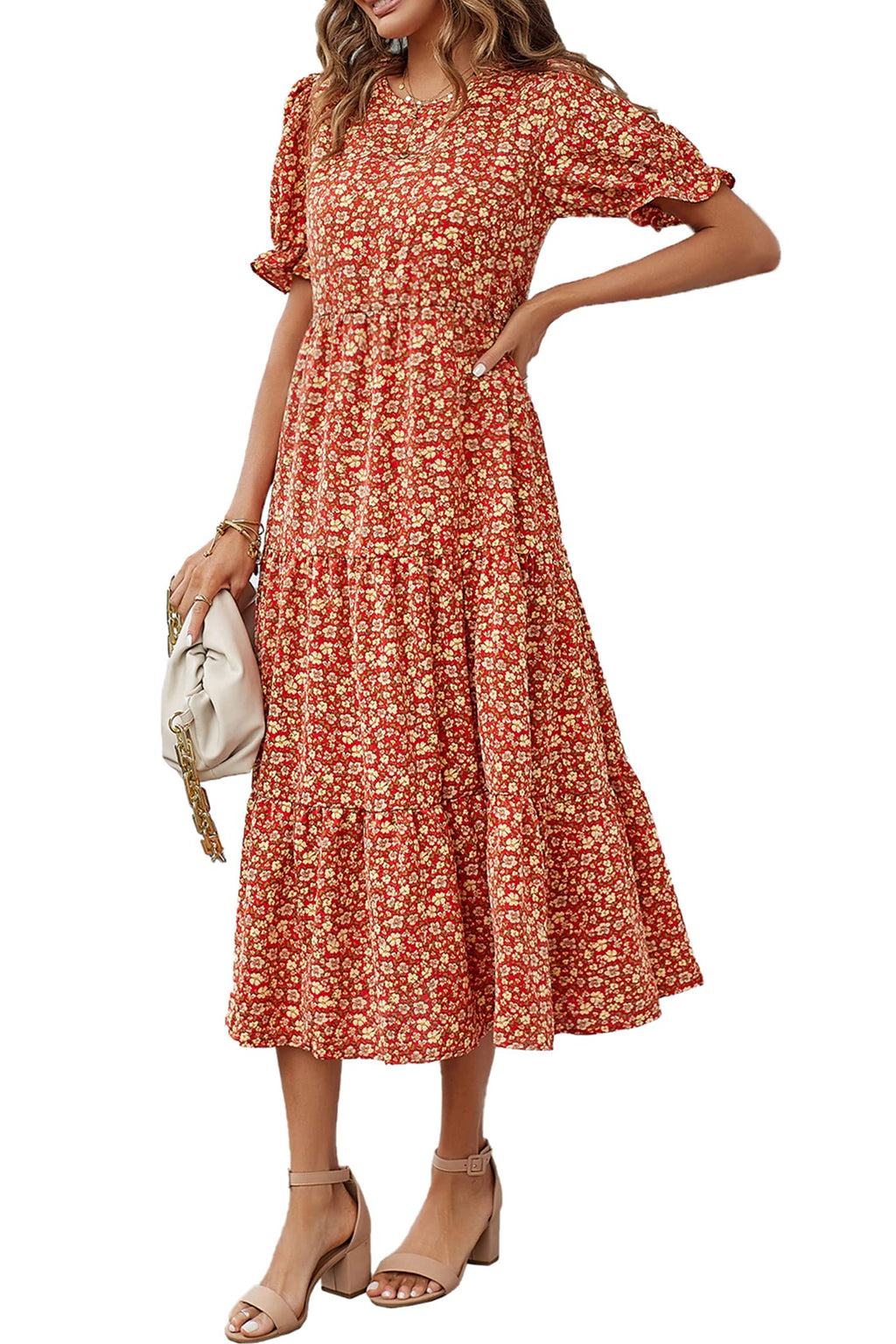 PRETTYGARDEN Summer Dresses for Women Casual Floral Boho Midi Sun Dress Puff Short Sleeve Flowy Beach Vacation Sundress
