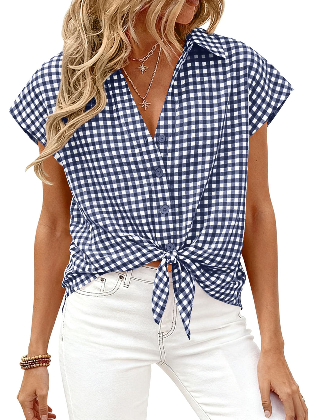 PRETTYGARDEN Womens Short Sleeve Shirts Plaid Button Down Blouse Dressy Casual Summer Spring Business Gingham Work Tops