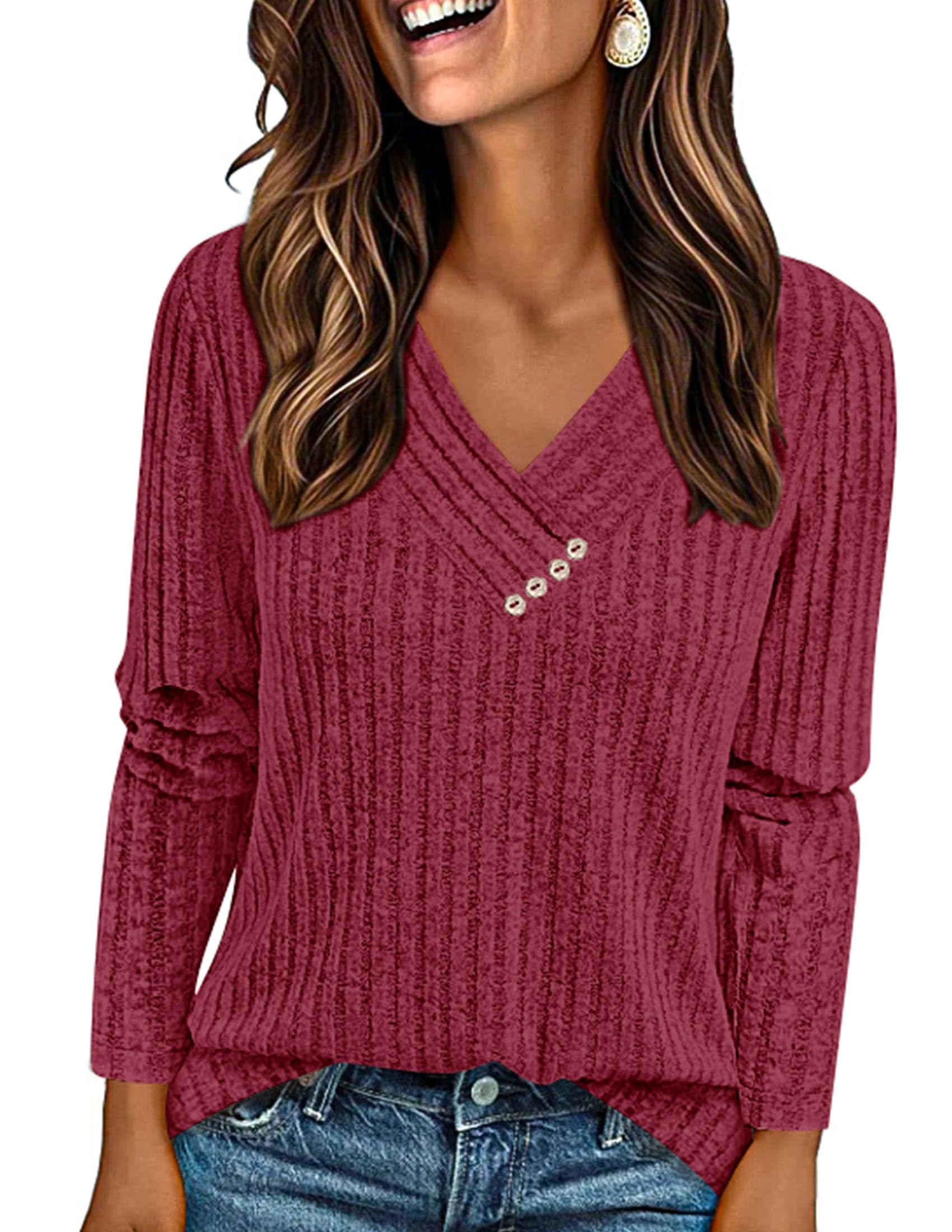 PRETTYGARDEN Women's Long Sleeve Shirts Fall Fashion Clothes Casual Ribbed V Neck Loose Tunic Tops Lightweight Sweaters
