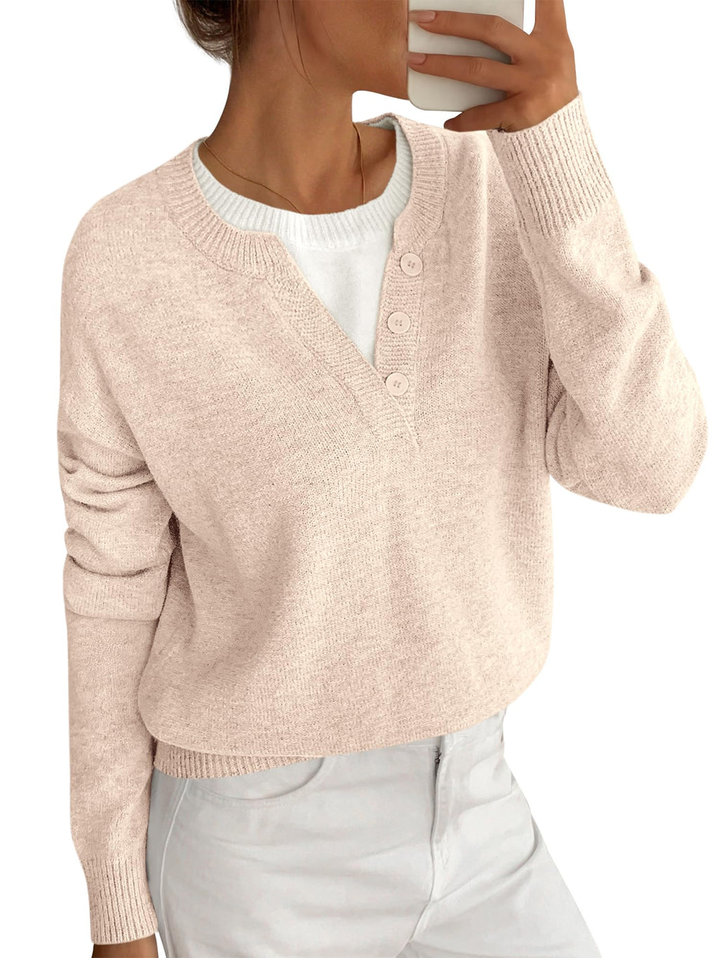 BTFBM Women Long Sleeve Crew Neck Sweaters Tops, 2 in1 Knitted Pullover, Deco Buttons, Oversized, Stretchy, Vacation, Business Casual Outfits, Fall Winter Trendy