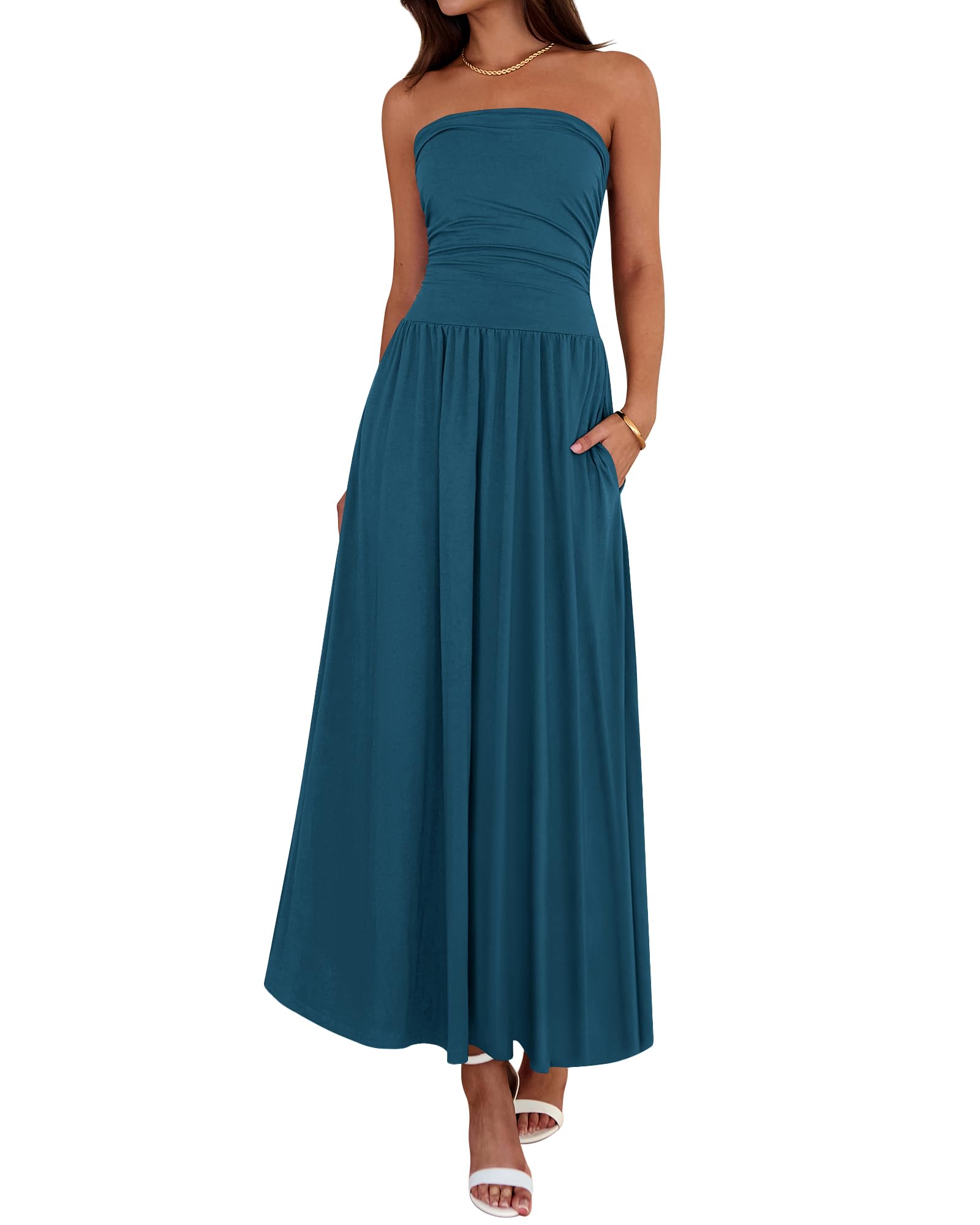 BTFBM Summer Maxi Dresses for Women Strapless Ruched Tube Top Beach Vacation Spring Wedding Guest Dress Pockets