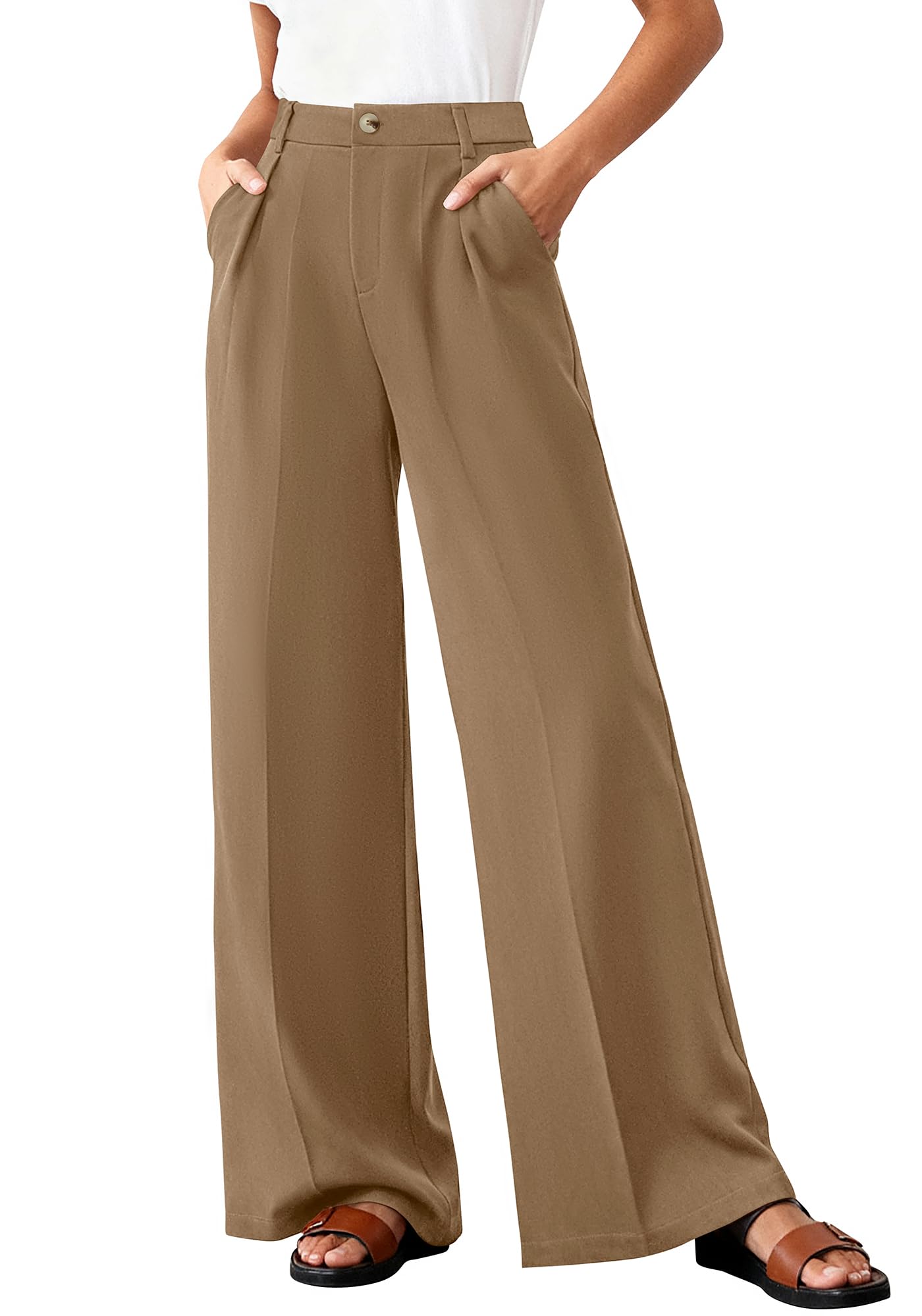 BTFBM Wide Leg Pants Woman High Waisted Button Business Casual Dressy Trousers Office Work Palazzo Pants Pockets