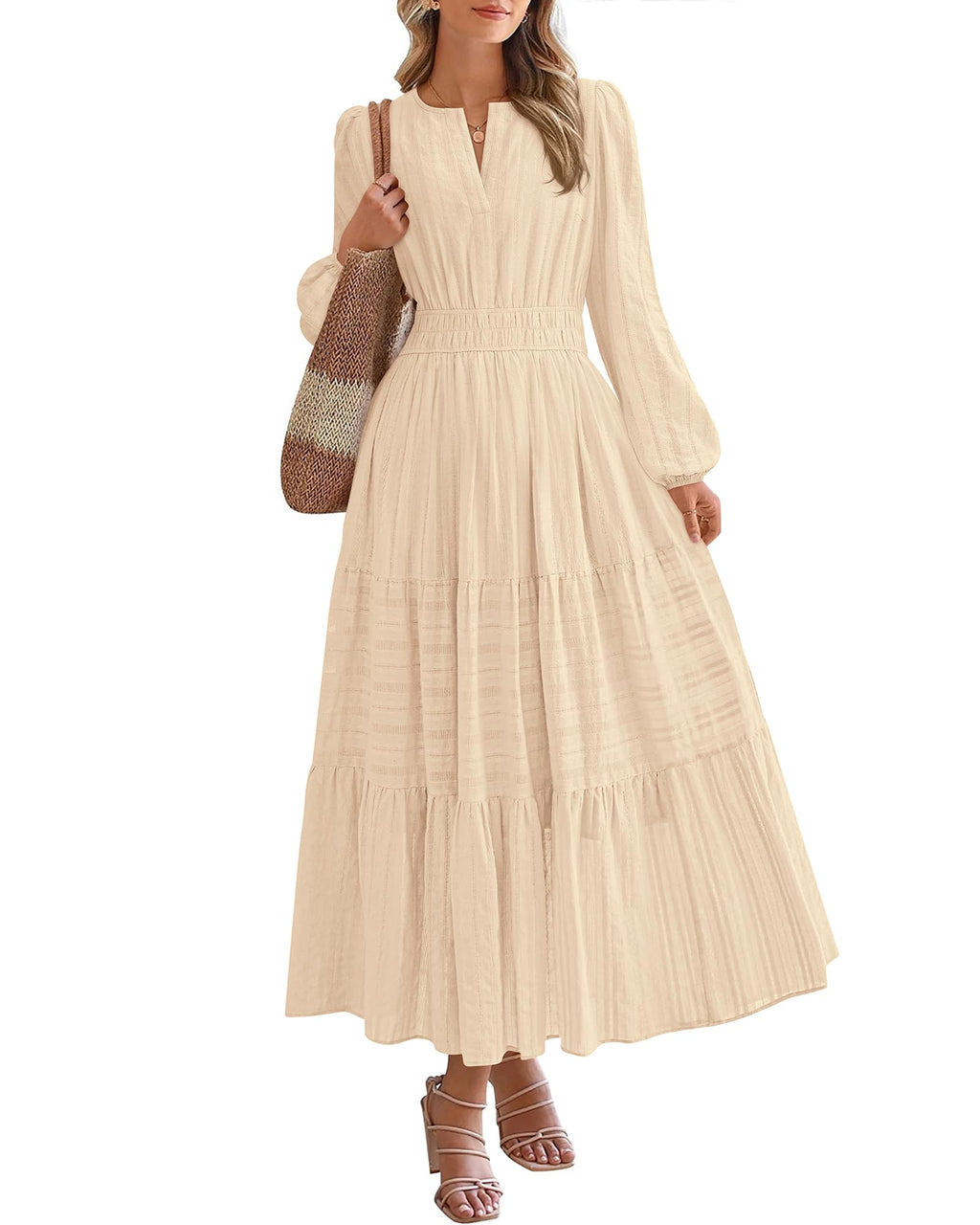 BTFBM Spring Dresses for Women 2026 Casual Long Sleeve V Neck Elastic Waist Lightweight Maxi Wedding Guest Dress Pockets