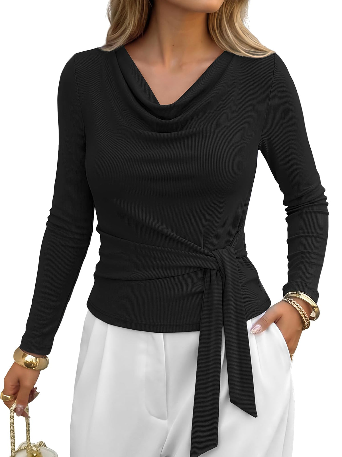 BTFBM Fall Tops for Women Tie Waist Wrap Blouses Business Casual Outfits Slim Fit Cowl Neck Long Sleeve Shirts, Elegant Dressy Blouse, Fashion Clothing, Daily Wear Going Out Office Work Clothes