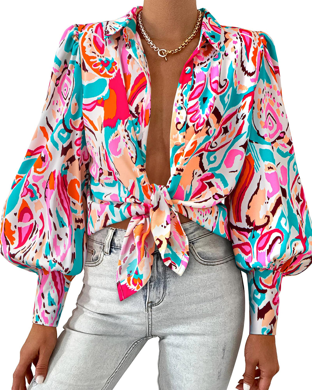BTFBM Women Fashion Button Down Shirts V Neck Boho Printed Long Sleeve Blouses Dressy Casual Spring Fall Tops