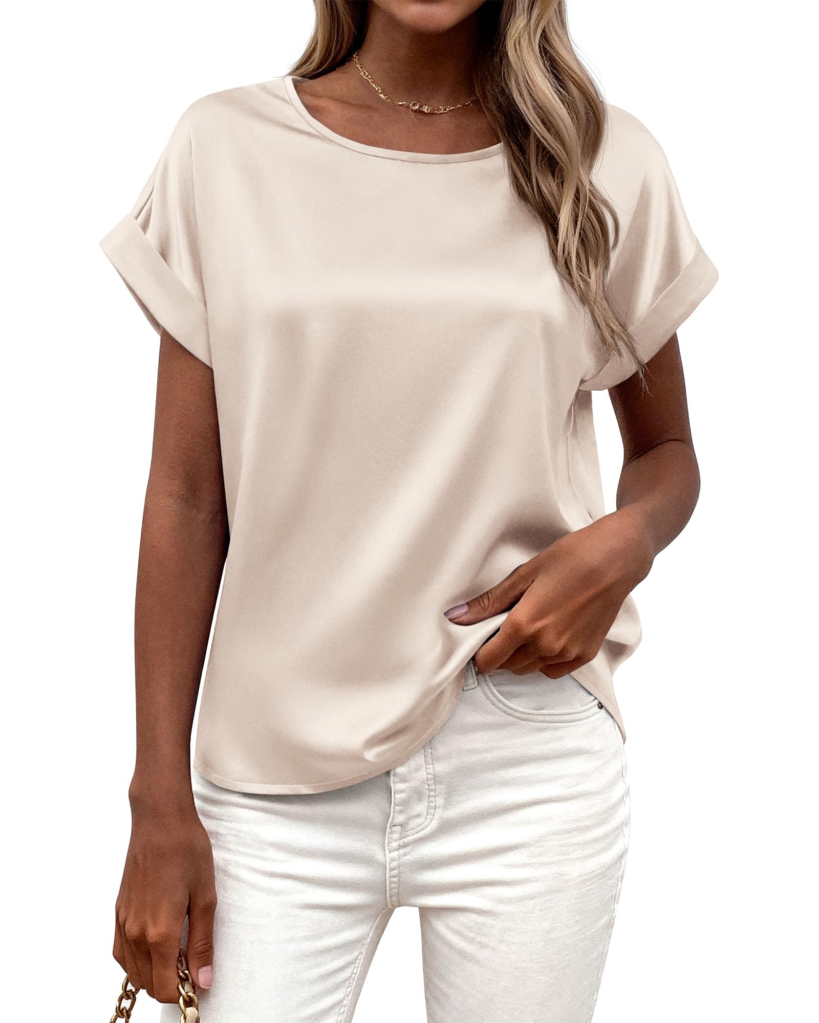 FreshPretty Womens Summer Tops Satin Silk Crewneck Short Sleeve Shirts Work Business Outfits Spring Blouses Dressy Casual