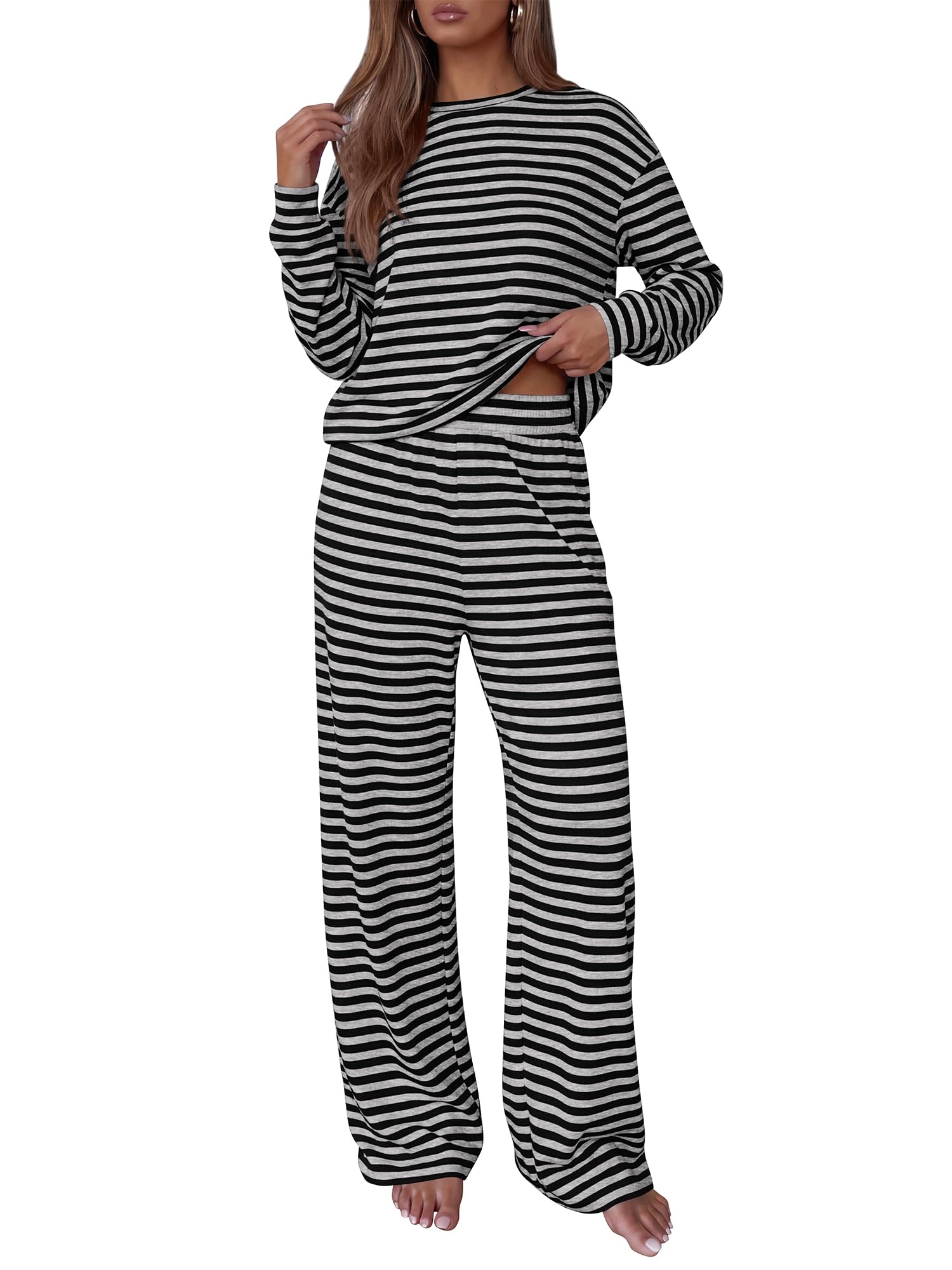BTFBM Striped Lounge Set Sweatsuits Women 2 Piece Outfit | Womens Pajama Sets, Crew Neck Sweatshirt and Wide Leg Pants, Pockets, Airport, Travel, Vacation Outfits, Fall Winter Clothes
