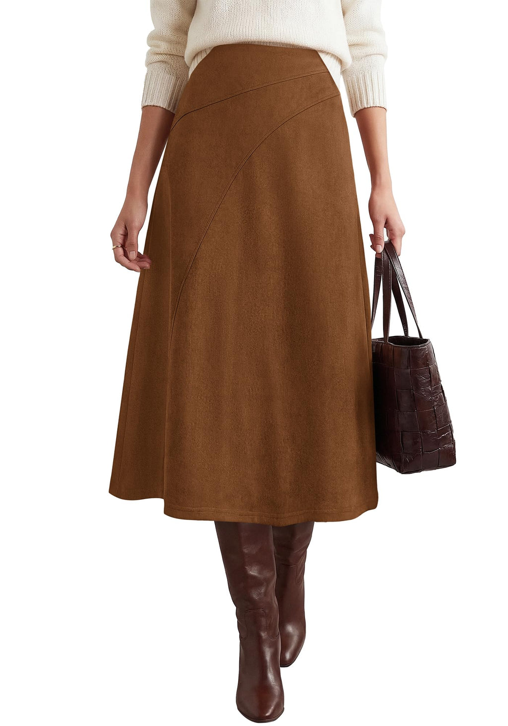 BTFBM Women Faux Suede Midi Long Skirt Fall Fashion | High Waisted Skirts For Women Trendy, Lightweight, Back Elastic, Arc Line Design, A-Line, Winter Dress, Boho Western Outfits