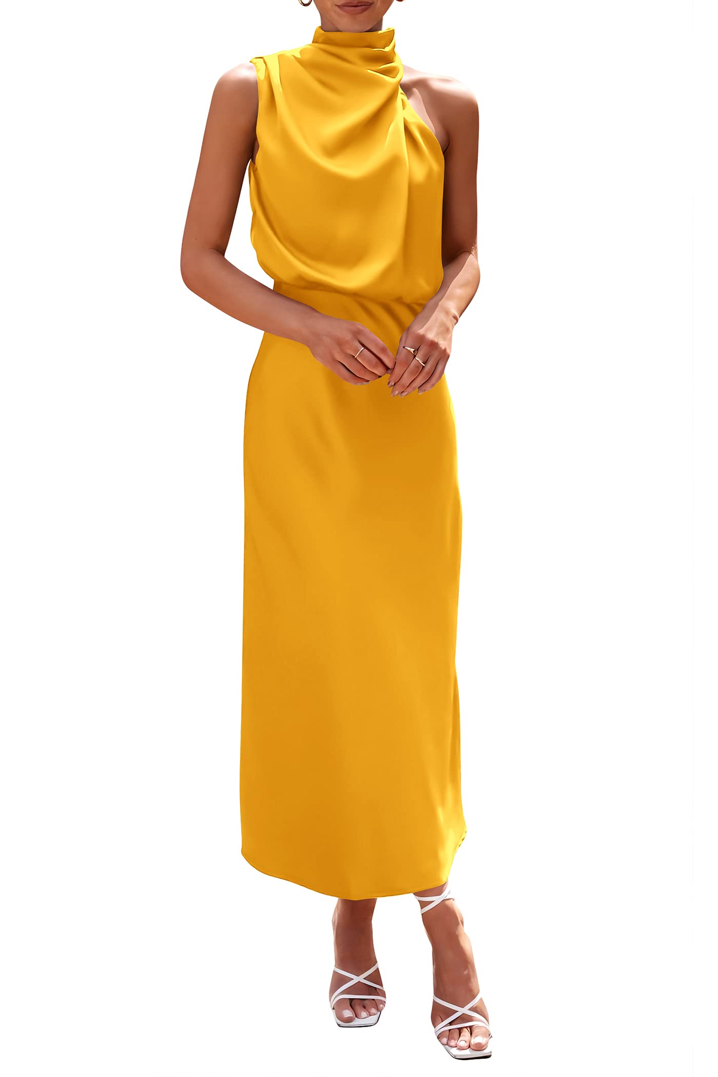 PRETTYGARDEN Women's Summer Satin Dress Elegant Sleeveless Mock Neck Cocktail Party Maxi Dresses