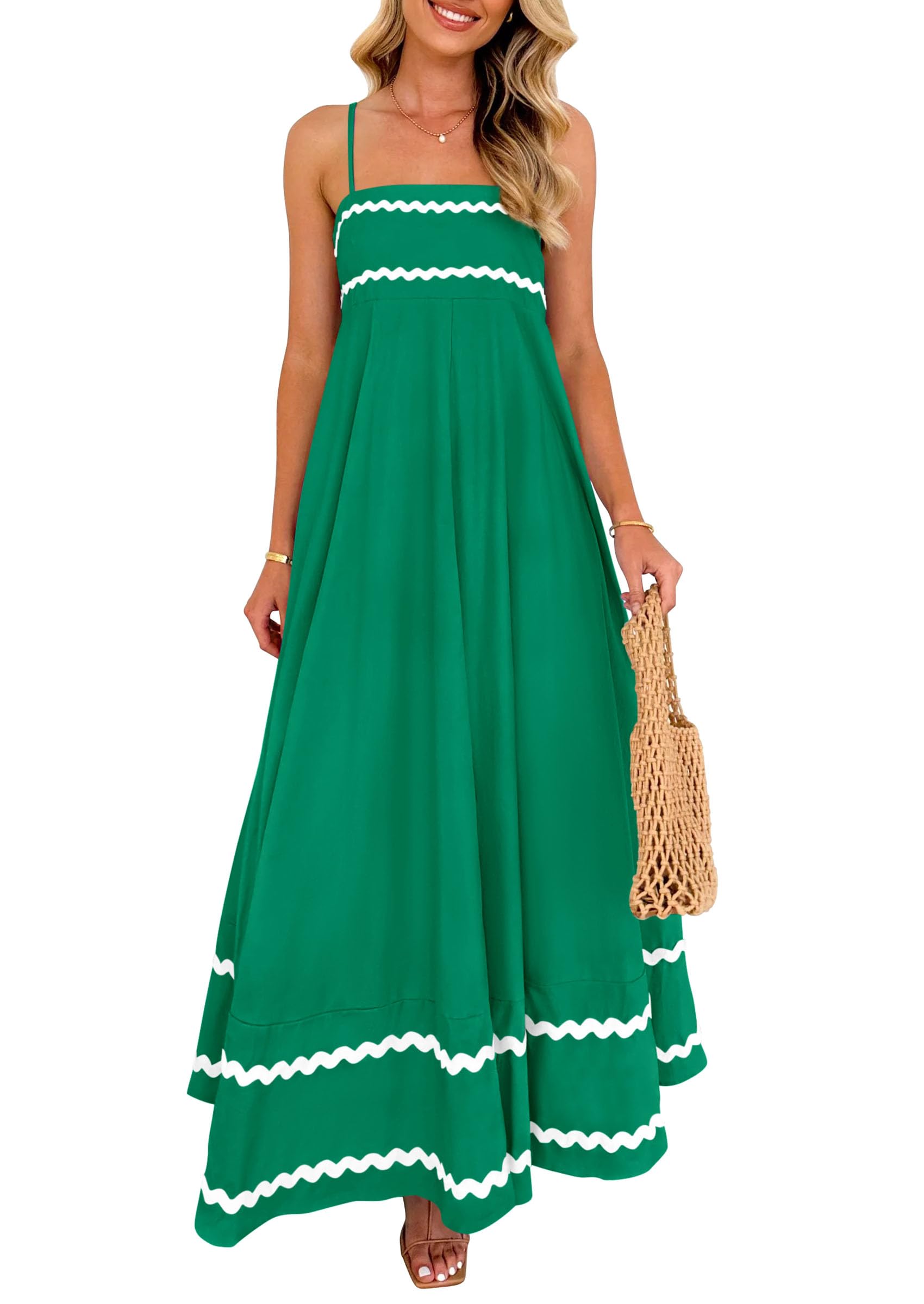PRETTYGARDEN Women's Summer Flowy Maxi Dress Casual Sleeveless Spaghetti Strap Ruffle Beach Long Dresses