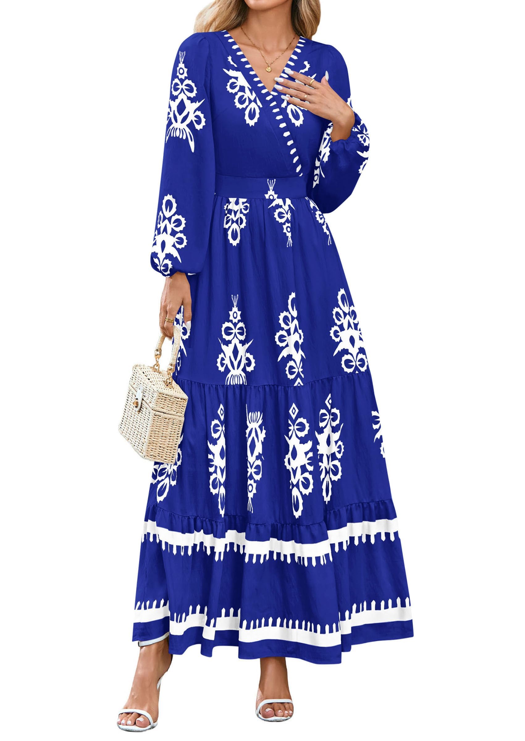 PRETTYGARDEN Women's Fall Wedding Guest Dresses Boho Floral Long Sleeve V Neck Flowy Elegant Maxi Dress Beach Clothes