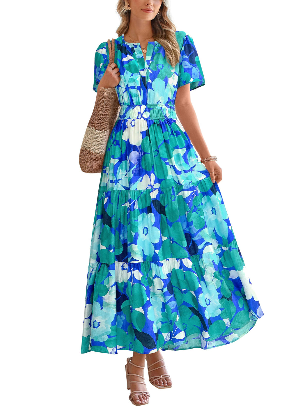BTFBM Womens Summer Floral Maxi Dresses V Neck Short Sleeve Boho Casual Flowy Long Wedding Guest Dress Beach Vacation