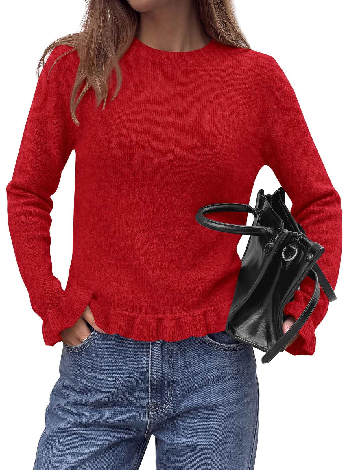PRETTYGARDEN Women's Ruffle Sweaters Fall Fashion Cozy Knit Pullover Soft Stretchy, Crewneck Long Sleeve, Cute Peplum Tops, Dressy Casual Blouses, Going Out Holiday, Trendy Winter Outfits