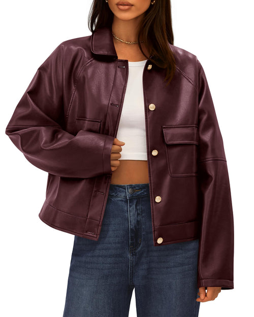 FreshPretty Leather Jacket Women Fall Clothes Long Sleeve Button Down Winter Coats Oversized Motorcycle Outwear