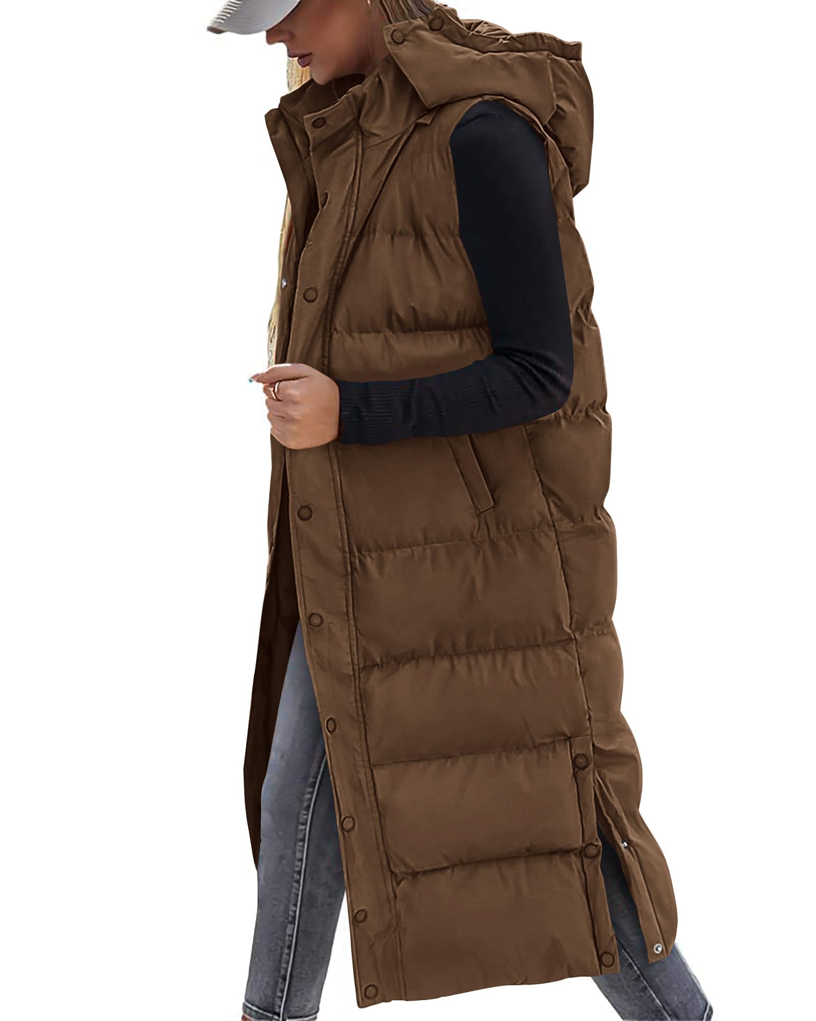 FreshPretty Long Puffer Vest Women Quilted Hooded Button Down Zip Up Sleeveless Vests Outerwear Padded Jacket Fall Winter Coat