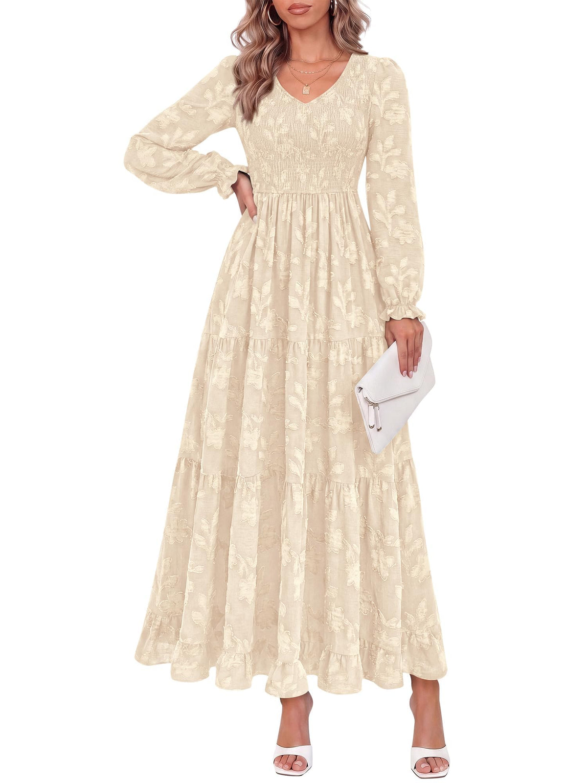 FreshPretty Womens Long Sleeve V Neck Wedding Guest Maxi Dress,Casual Floral Boho Flowy Smocked Long Dresses With Pockets, High Waist, A Line, 2026 Fall Semi Formal Cocktail Party Dress