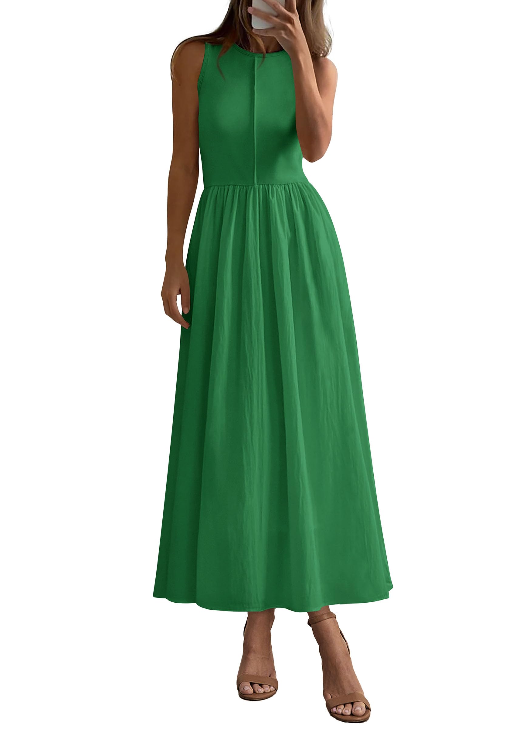 PRETTYGARDEN Maxi Dresses for Women Summer Casual Sleeveless Patchwork Flowy Vacation Sundress Knit Long Work Tank Dress