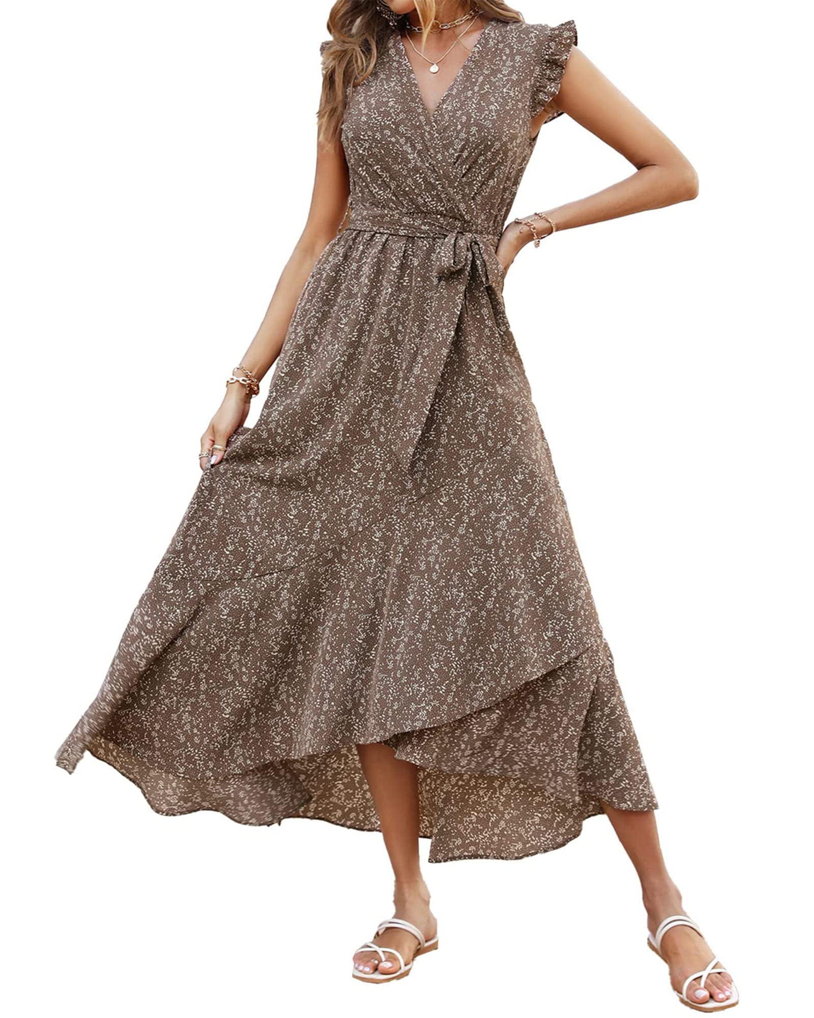 FreshPrettySummer Floral Maxi Dress for Women Vacation Ruffle Sleeve V Neck Belt Wrap Spring Beach Wedding Guest Dresses