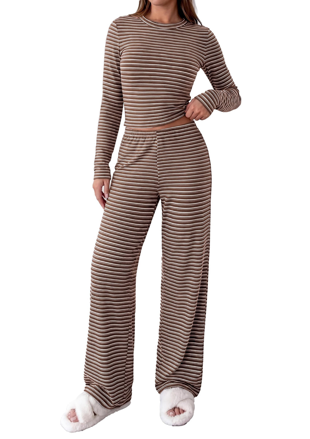 PRETTYGARDEN Women 2 Piece Striped Lounge Sets Soft Cozy Knit, Matching Airport Travel Outfits, Long Sleeve Shirts, Wide Leg Pants Pockets, Fall Winter Comfy Casual Clothes