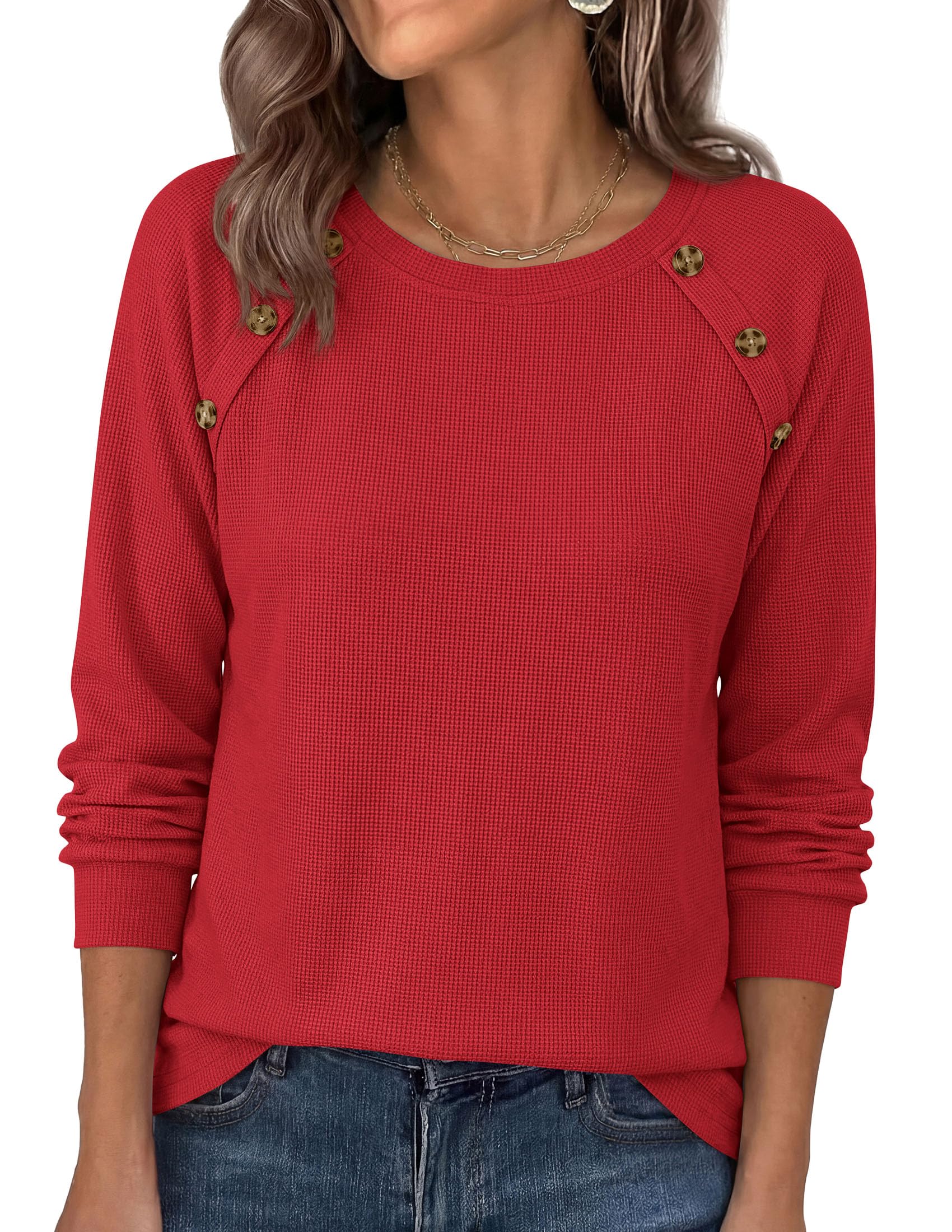 PRETTYGARDEN Long Sleeve Shirts for Women Waffle Knit Tops Fall Fashion Dressy Casual Loose Tunic Blouse Winter Clothing