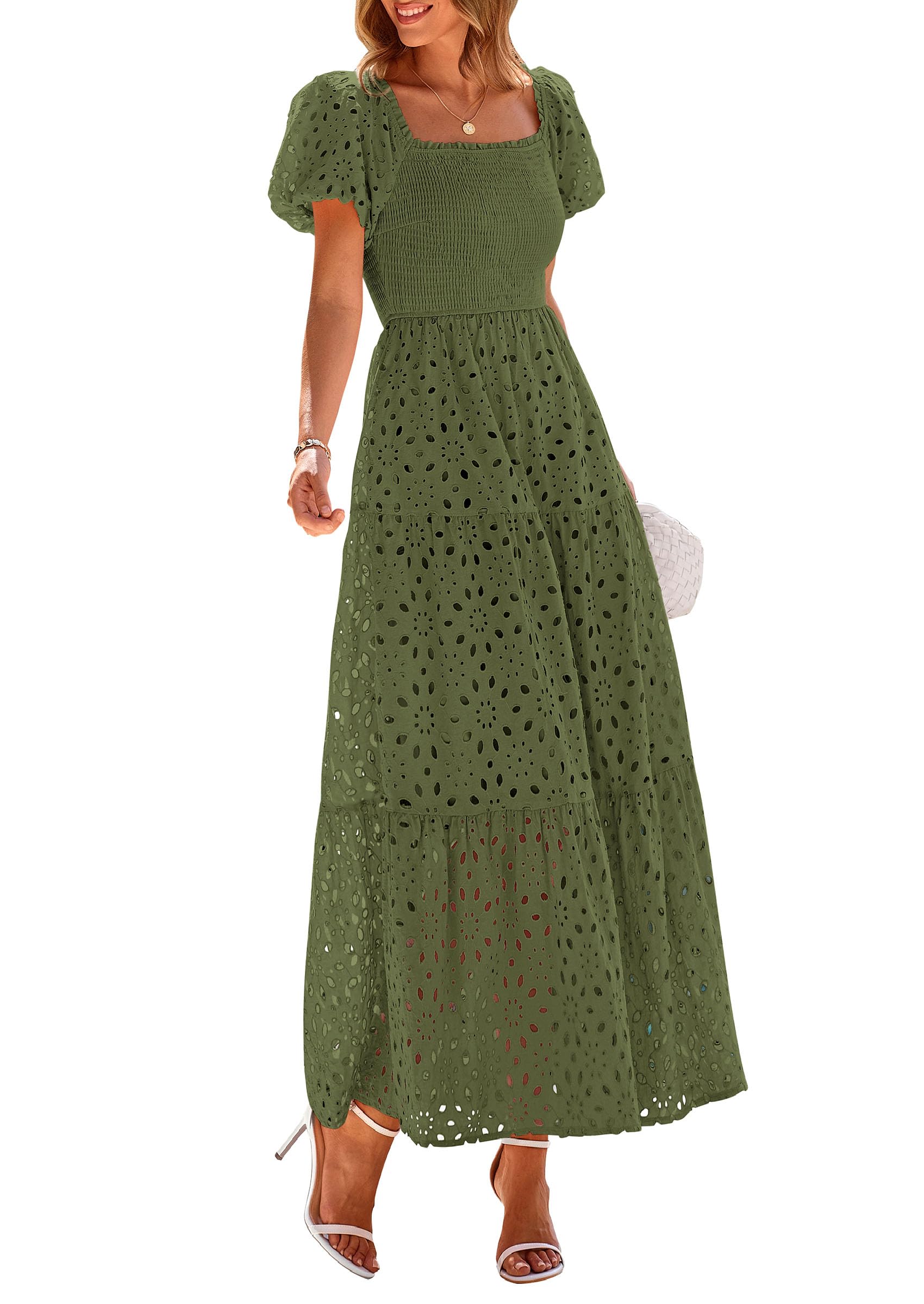 PRETTYGARDEN Summer Dresses for Women Eyelet Square Neck Puff Sleeve Smocked Wedding Guest Maxi Dress with Pockets