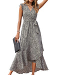FreshPrettySummer Floral Maxi Dress for Women Vacation Ruffle Sleeve V Neck Belt Wrap Spring Beach Wedding Guest Dresses