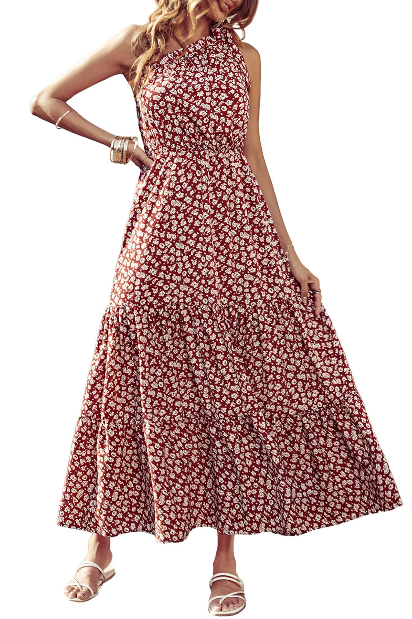 PRETTYGARDEN Women's Summer Floral One Shoulder Maxi Dress Knot Ruffle Boho Beach Vacation Wedding Guest Long Sun Dresses