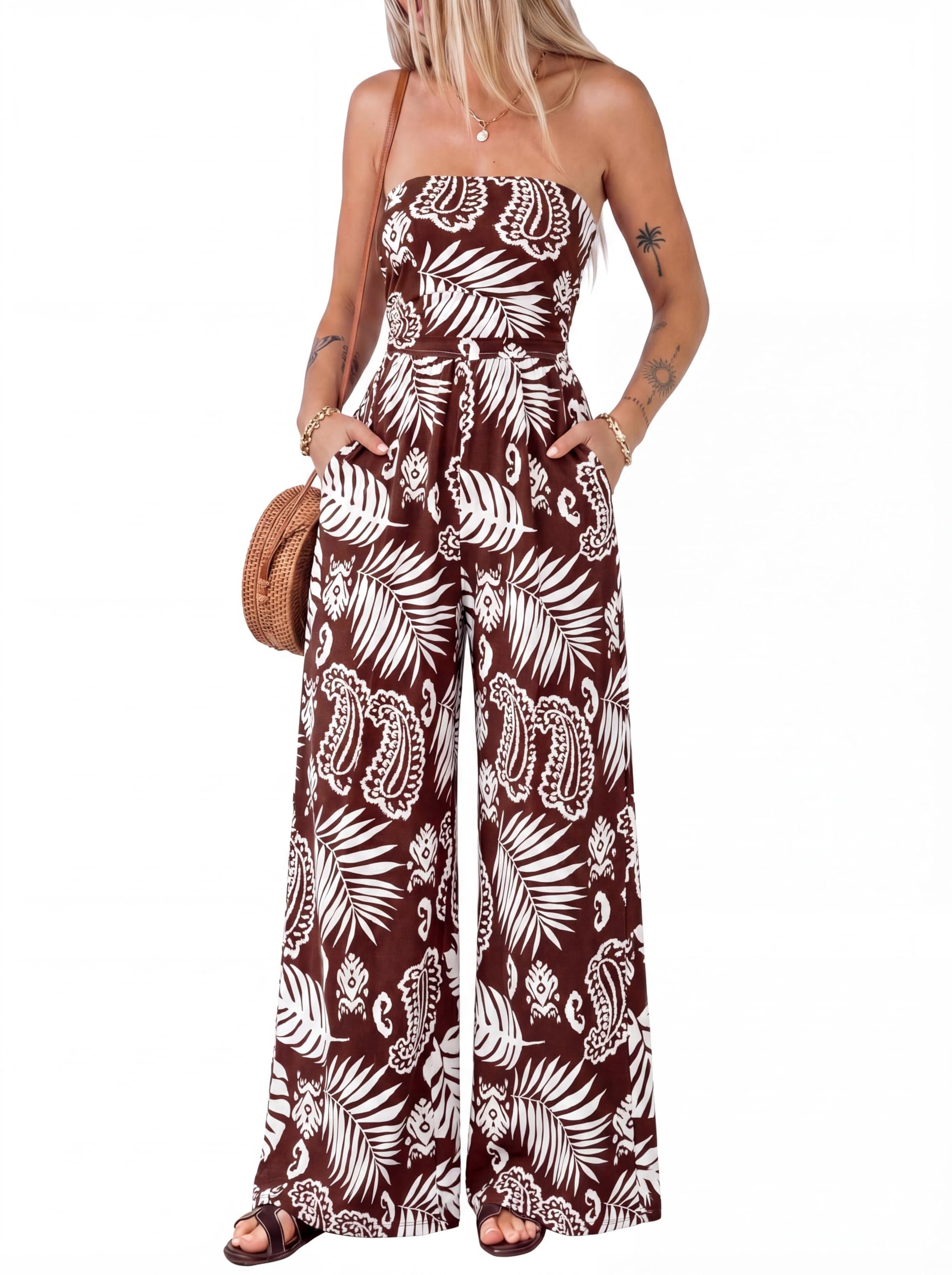 BTFBM Jumpsuits For Women Casual Floral Strapless Jumpsuit Wide Leg Rompers Beach Vacation Clothes Summer Outfits