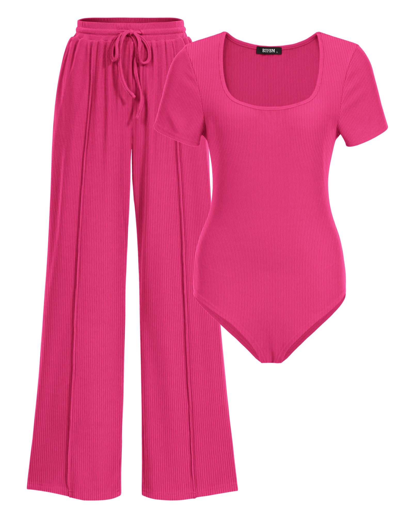 BTFBM Womens Summer 2 Piece Outfits Square Neck Short Sleeve Drawstring Pants Knit Spring Lounge Matching Sets