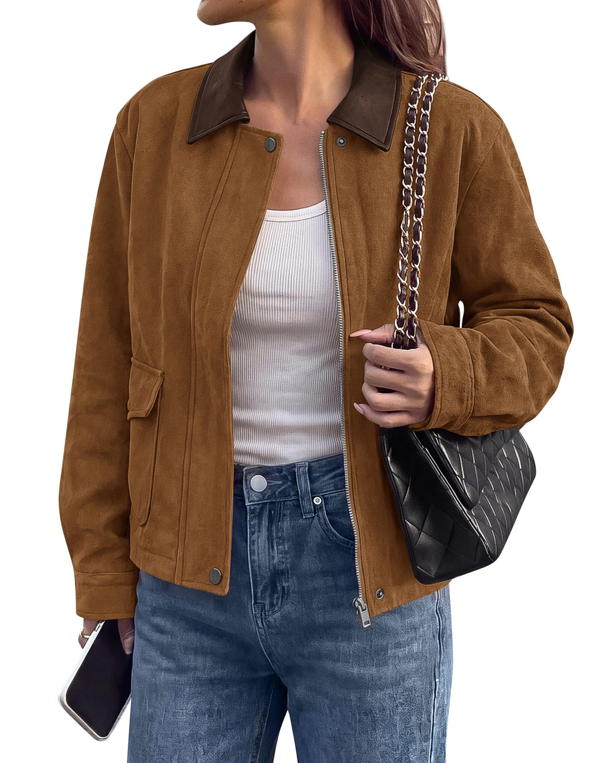 BTFBM Faux Suede Jacket Women Leather Lapel Zip Up Fall Outfits Button Down Long Sleeve Outerwear With Flap Pockets, Early Winter Coats, Motorcycle Jackets, Western Country Concert Outfits