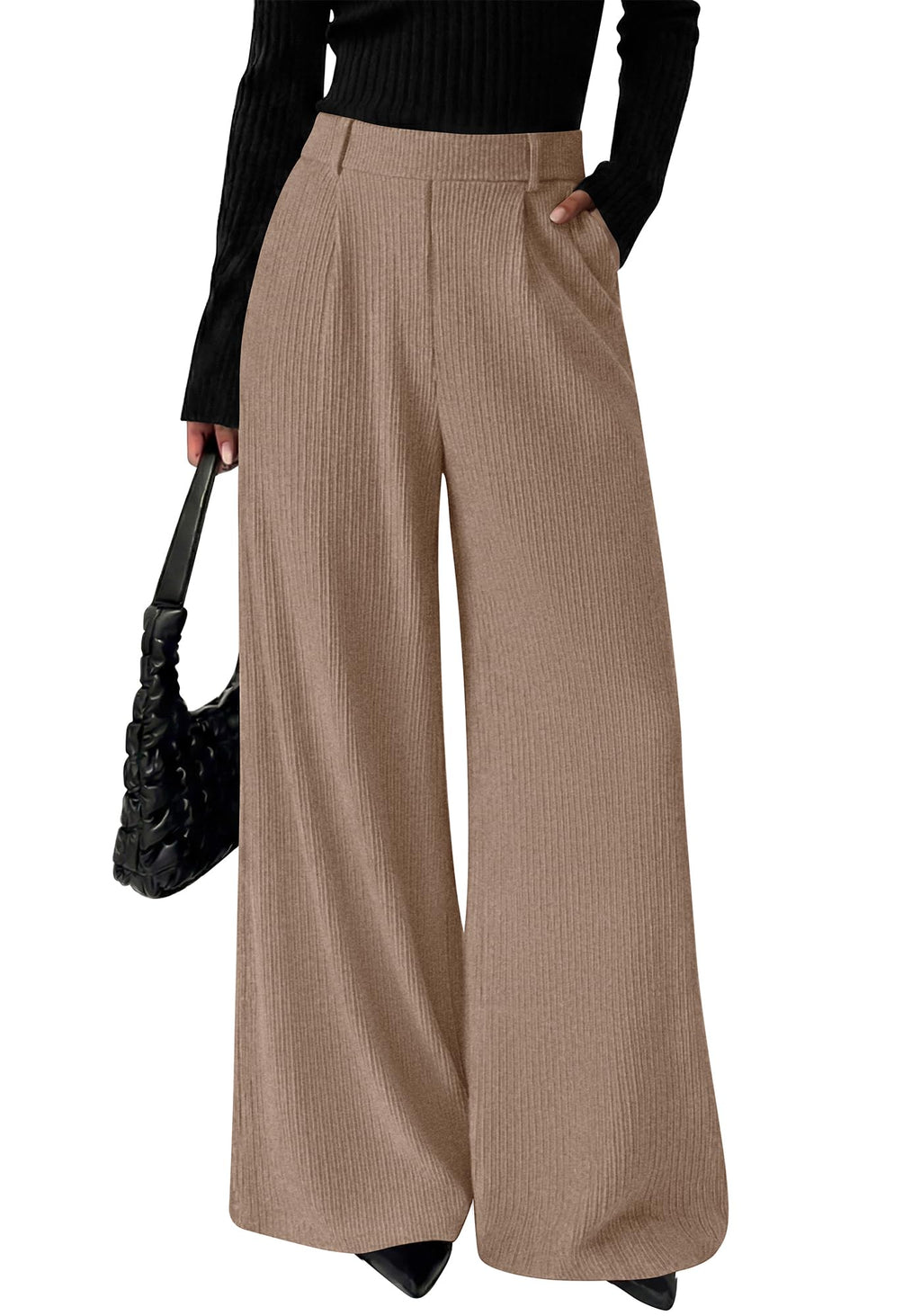 BTFBM Wide Leg Pants for Women Dressy Work Business Casual Elastic High Waisted Trousers Ribbed Lounge Palazzo Pants
