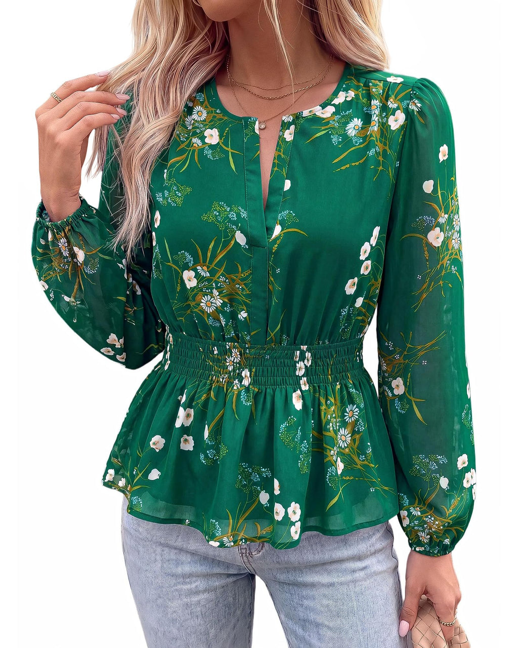 BTFBM Womens Tops Dressy Casual Floral V Neck Long Sleeve Chiffon Shirts | Chiffon Lantern Sleeve Flowy Peplum Sheer Top,Elastic Waist Babydoll Blouses,Boho Vacation Outfits,Fall Fashion Clothing