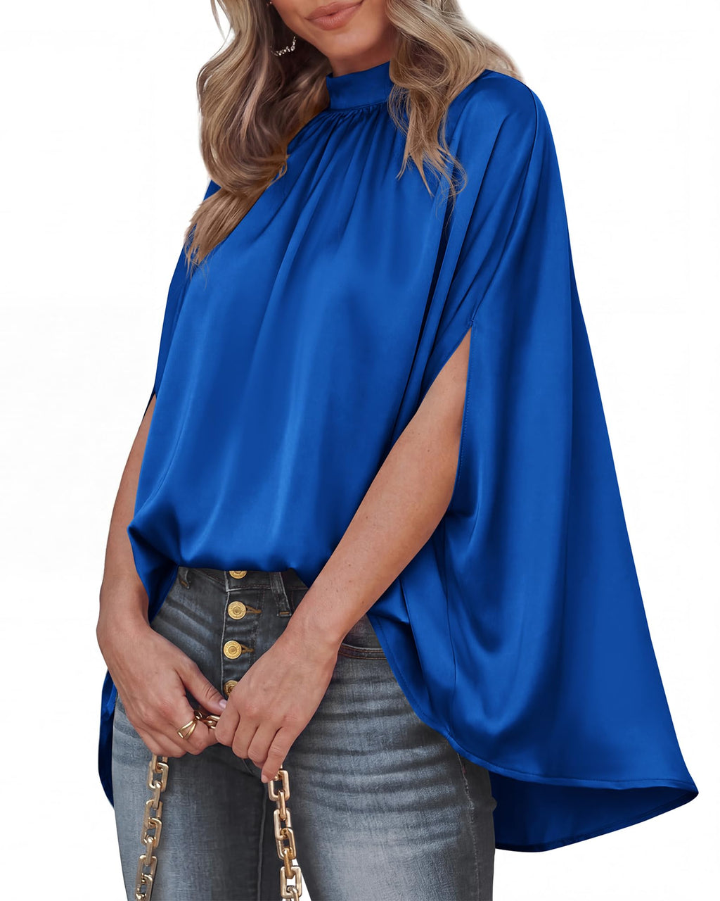 BTFBM Womens Summer Tops Mock Neck Batwing Sleeve Silk Satin Shirts Loose Oversized Dressy Casual Spring Blouses