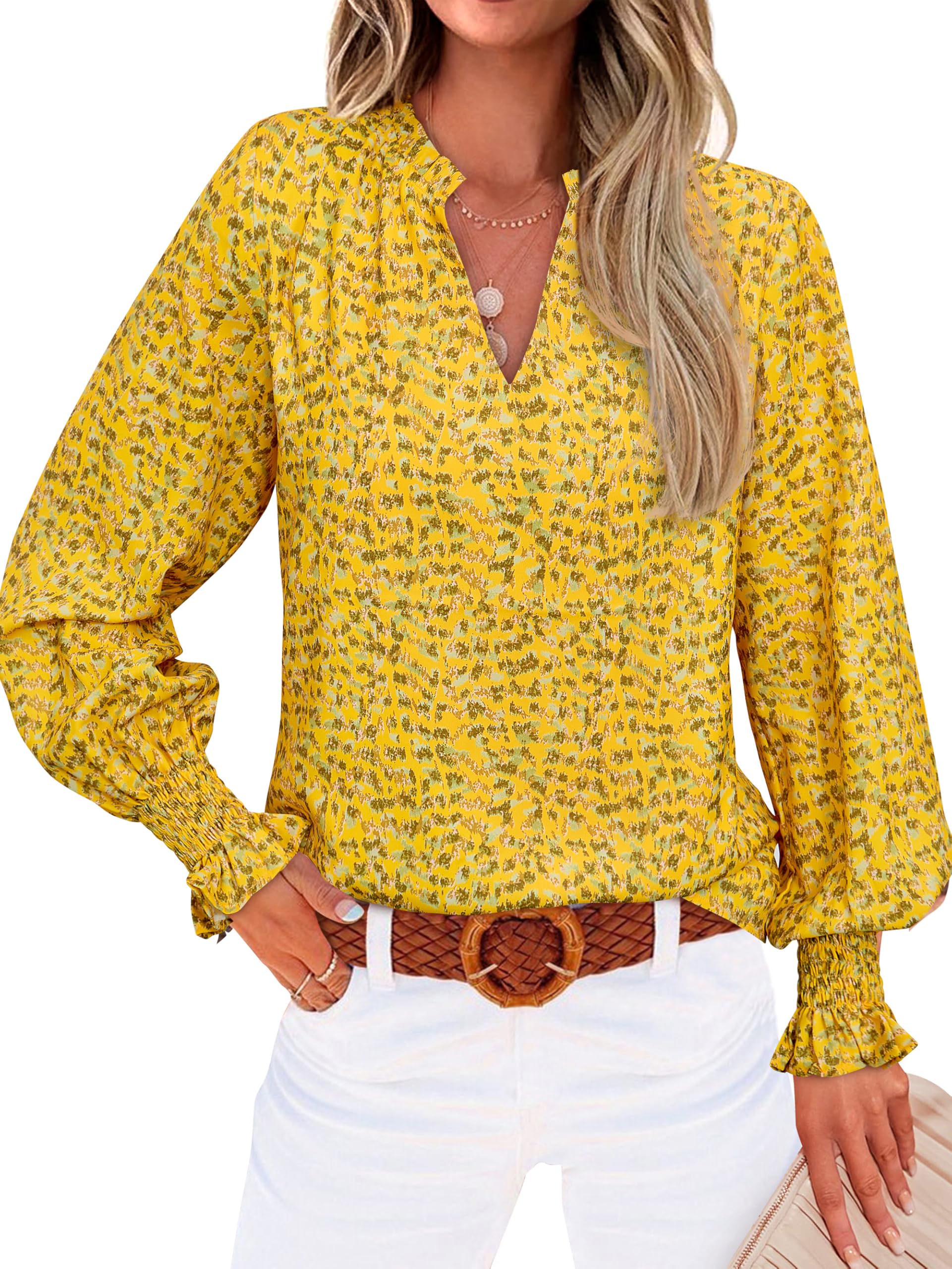 FreshPretty Womens V Neck Floral Long Sleeve Tops Summer Casual Loose Puff Sleeve Chiffon Boho Work Blouse Dressy T Shirts