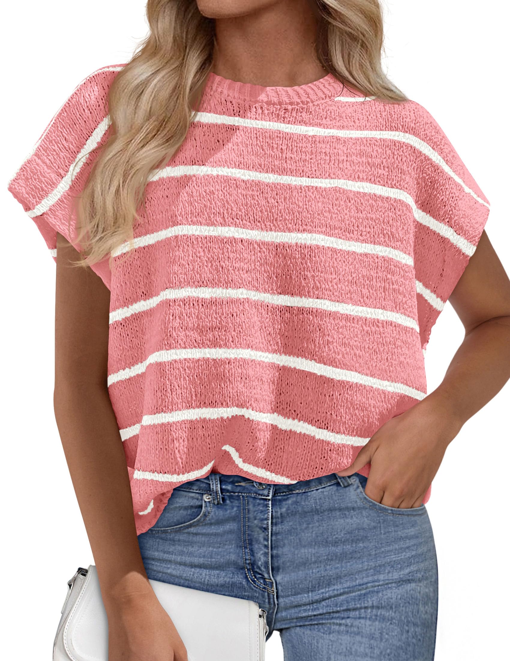 PRETTYGARDEN Womens Summer Short Sleeve Tops Trendy Crew Neck Striped Knit Sweater Business Casual Spring Clothes