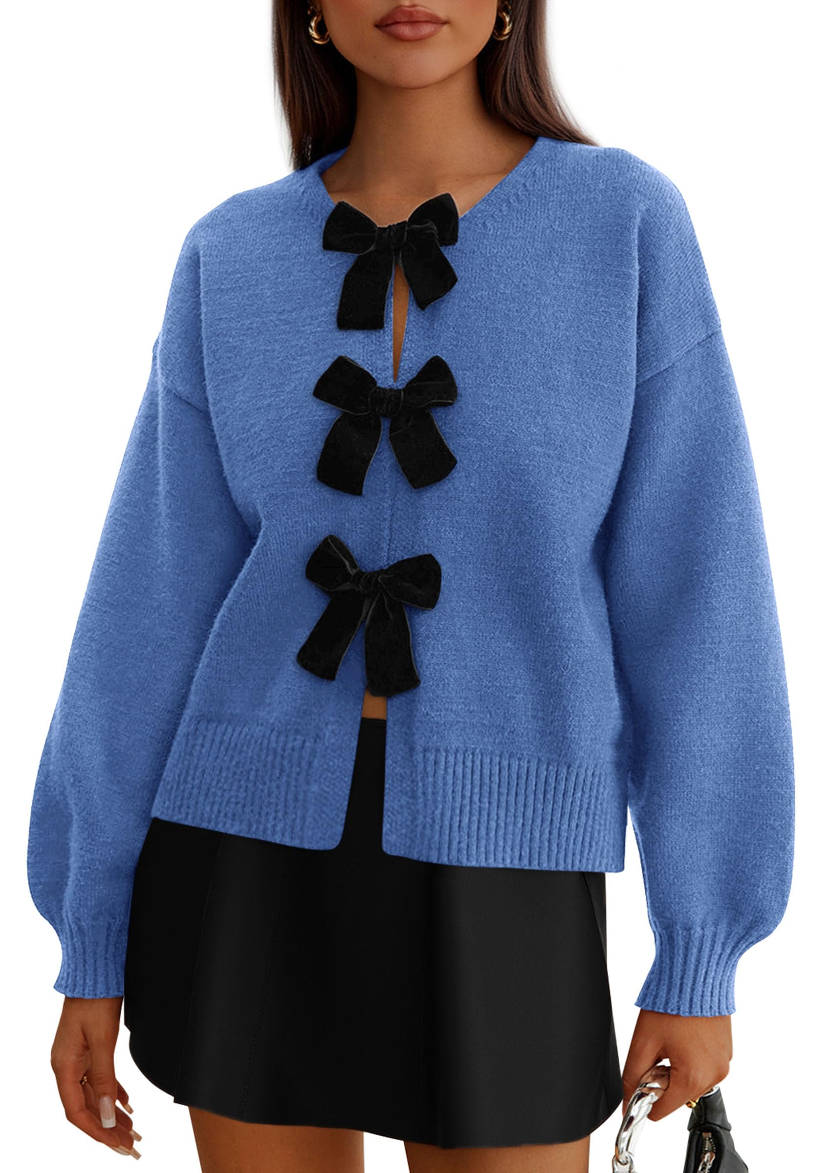 PRETTYGARDEN Cardigan Sweaters for Women Fall Fashion Bow Tie Front Long Sleeve Knit Sweater Tops Cute Winter Clothes