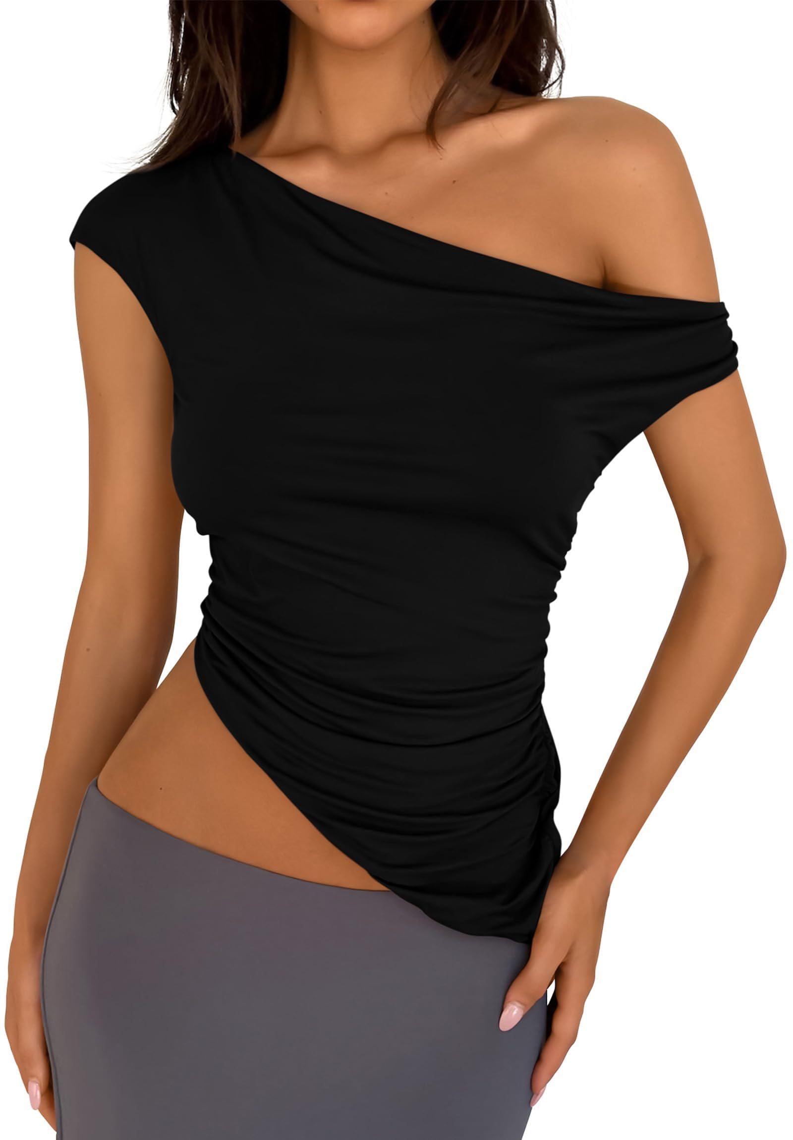 PRETTYGARDEN Womens Summer Off The Shoulder Crop Tops Sleeveless One Shoulder Ruched Asymmetrical Y2K Going Out Tank Top