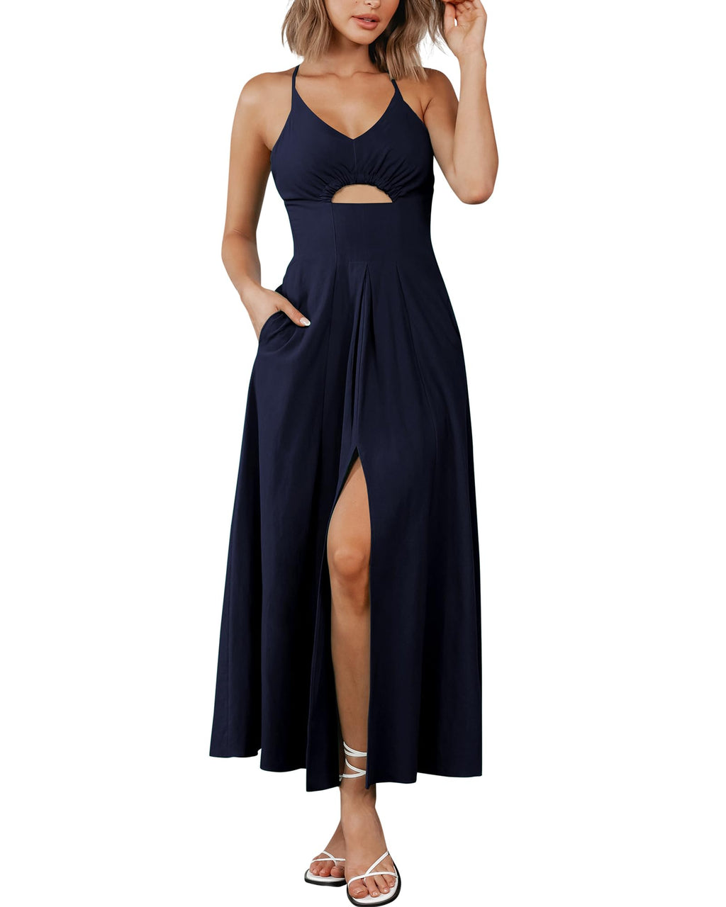 BTFBM Women Spaghetti Strap Midi Summer Dresses Sleeveless V Neck Cutout Slit Casual Beach Party Maxi Dress Pockets