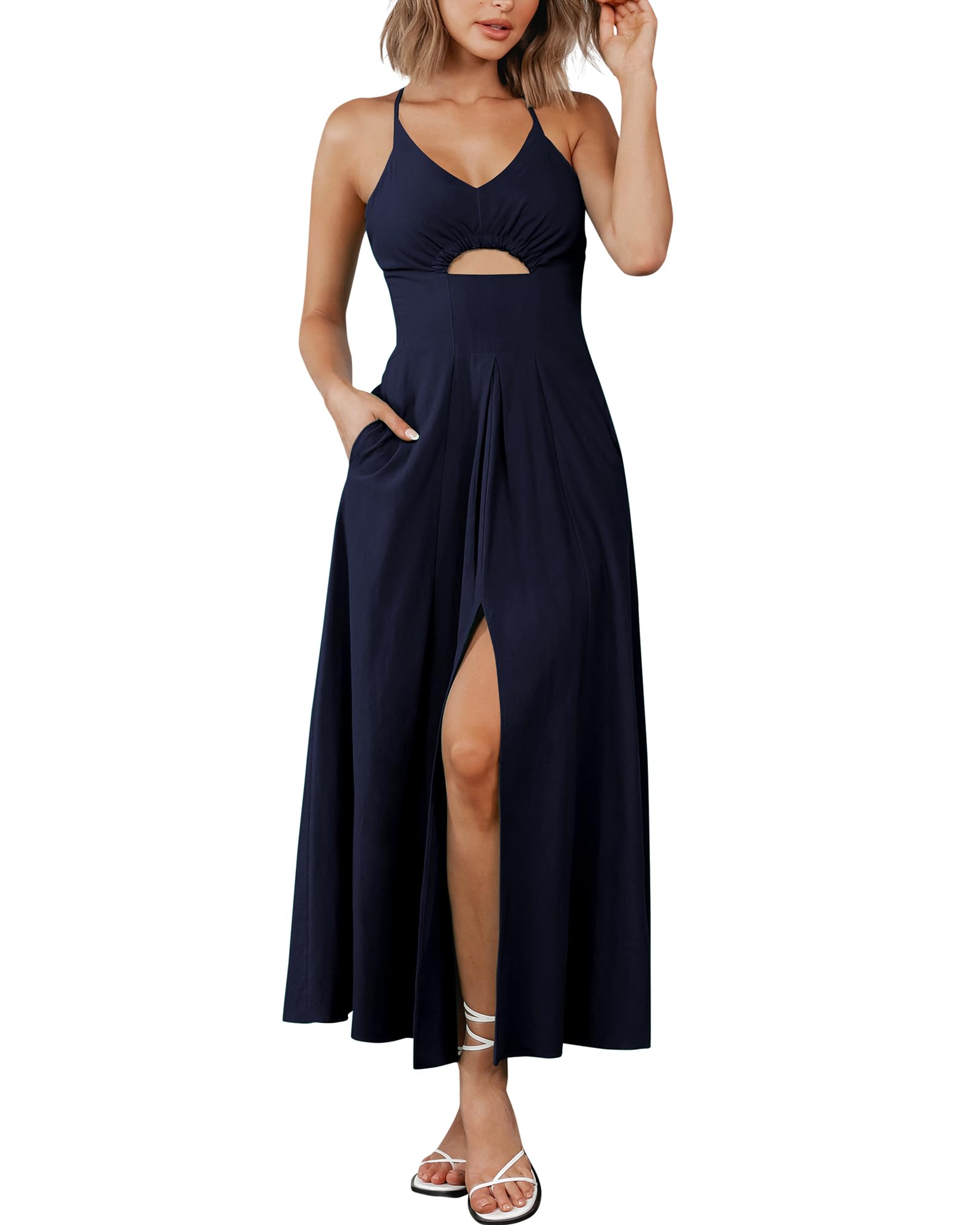 BTFBM Women Spaghetti Strap Midi Summer Dresses Sleeveless V Neck Cutout Slit Casual Beach Party Maxi Dress Pockets