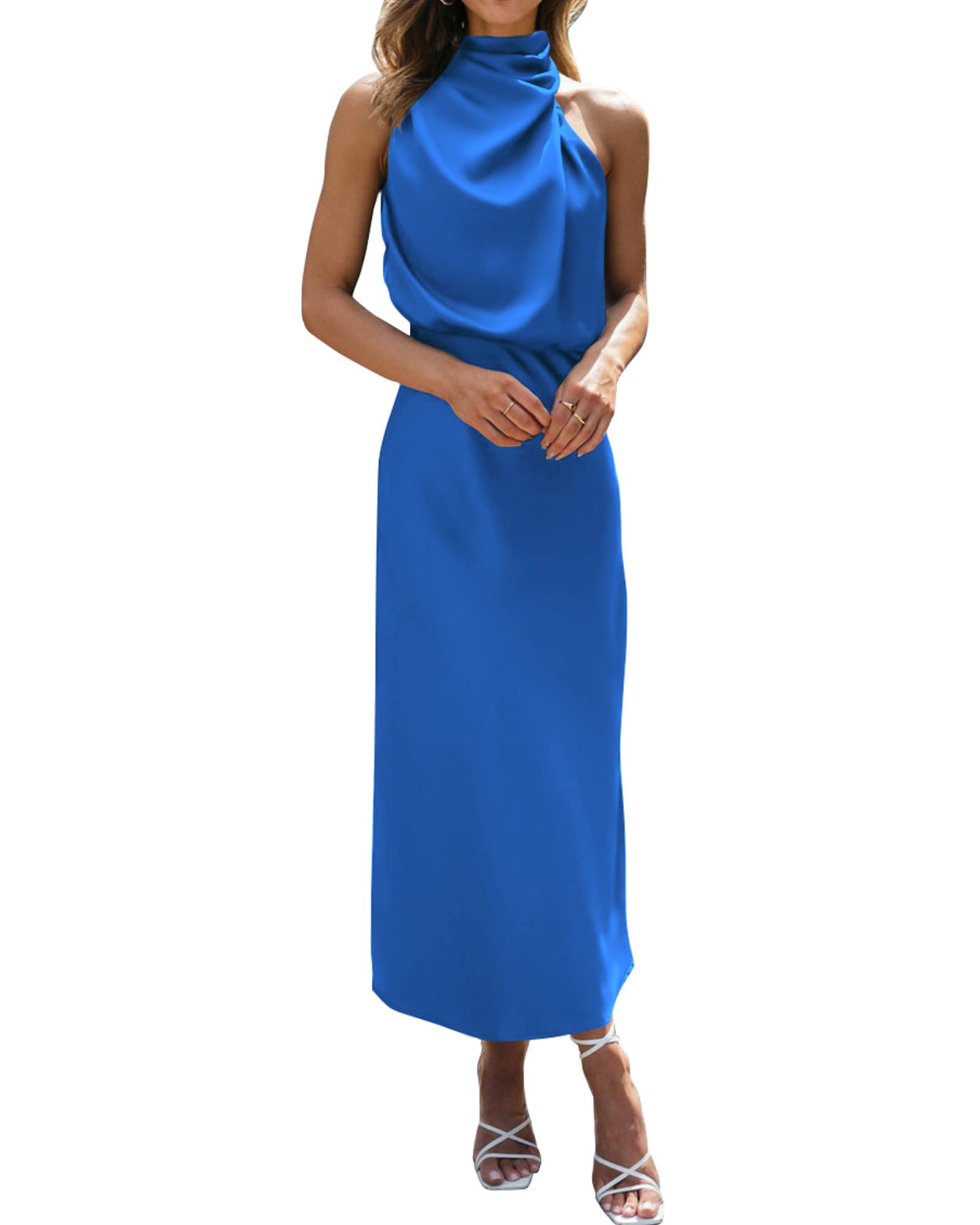 BTFBM Cocktail Dresses for Women Summer Satin Silk Sleeveless Mock Neck Maxi Wedding Guest Dress Spring Outfits