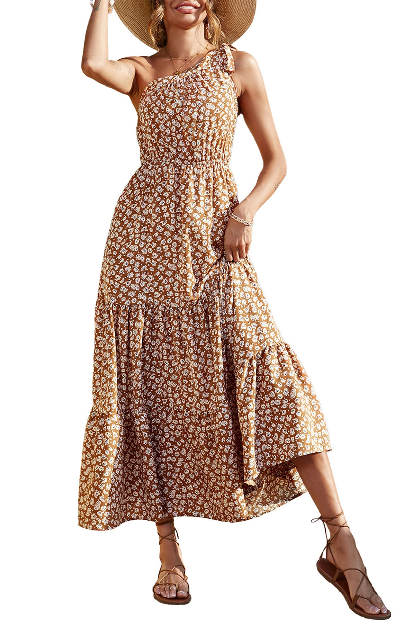 PRETTYGARDEN Women's Summer Floral One Shoulder Maxi Dress Knot Ruffle Boho Beach Vacation Wedding Guest Long Sun Dresses