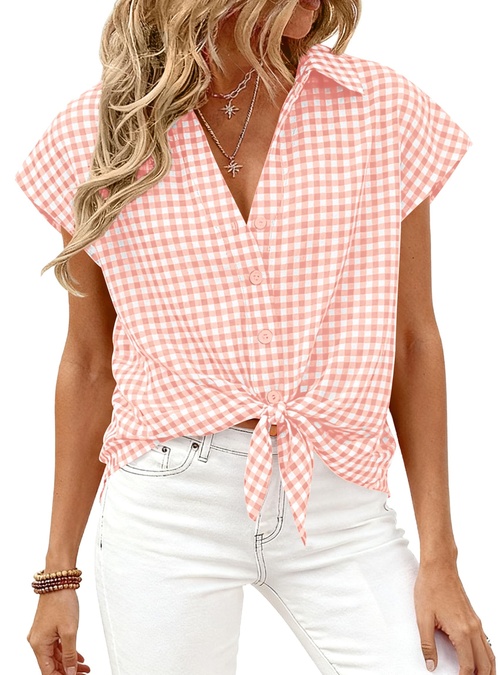PRETTYGARDEN Womens Short Sleeve Shirts Plaid Button Down Blouse Dressy Casual Summer Spring Business Gingham Work Tops