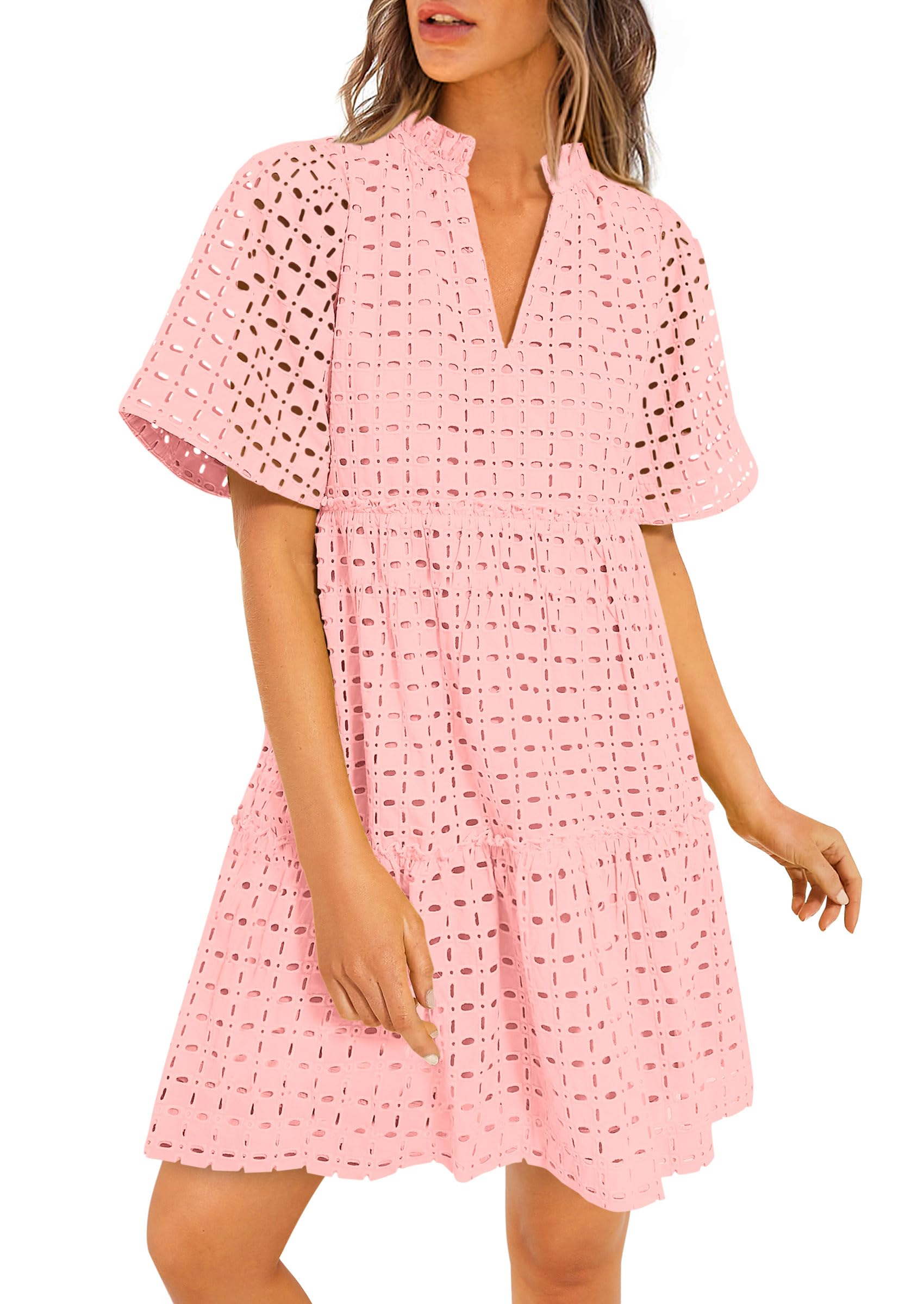 PRETTYGARDEN Eyelet Dresses for Women Summer Short Sleeve V Neck Hollow Out Ruffle A Line Boho Beach Vacation Mini Dress