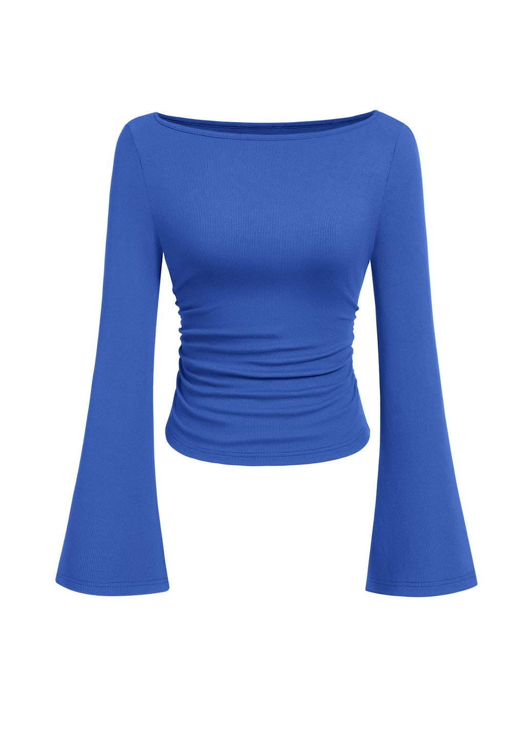 PRETTYGARDEN Women's Long Sleeve Shirts Fall Crop Going Out Tops Casual Boat Neck Bell Sleeve Ribbed Ruched Y2K Clothes