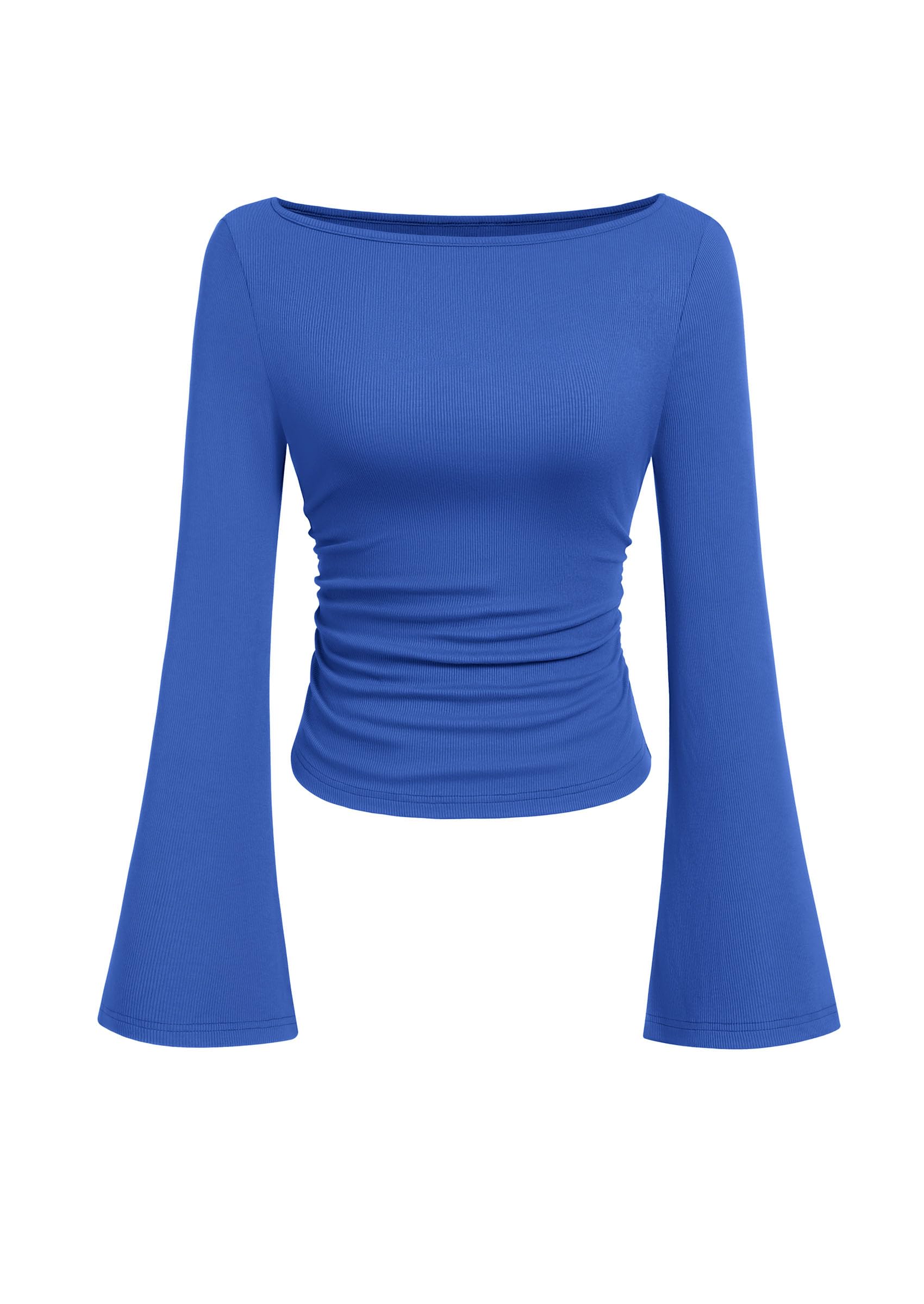 PRETTYGARDEN Women's Long Sleeve Shirts Fall Crop Going Out Tops Casual Boat Neck Bell Sleeve Ribbed Ruched Y2K Clothes