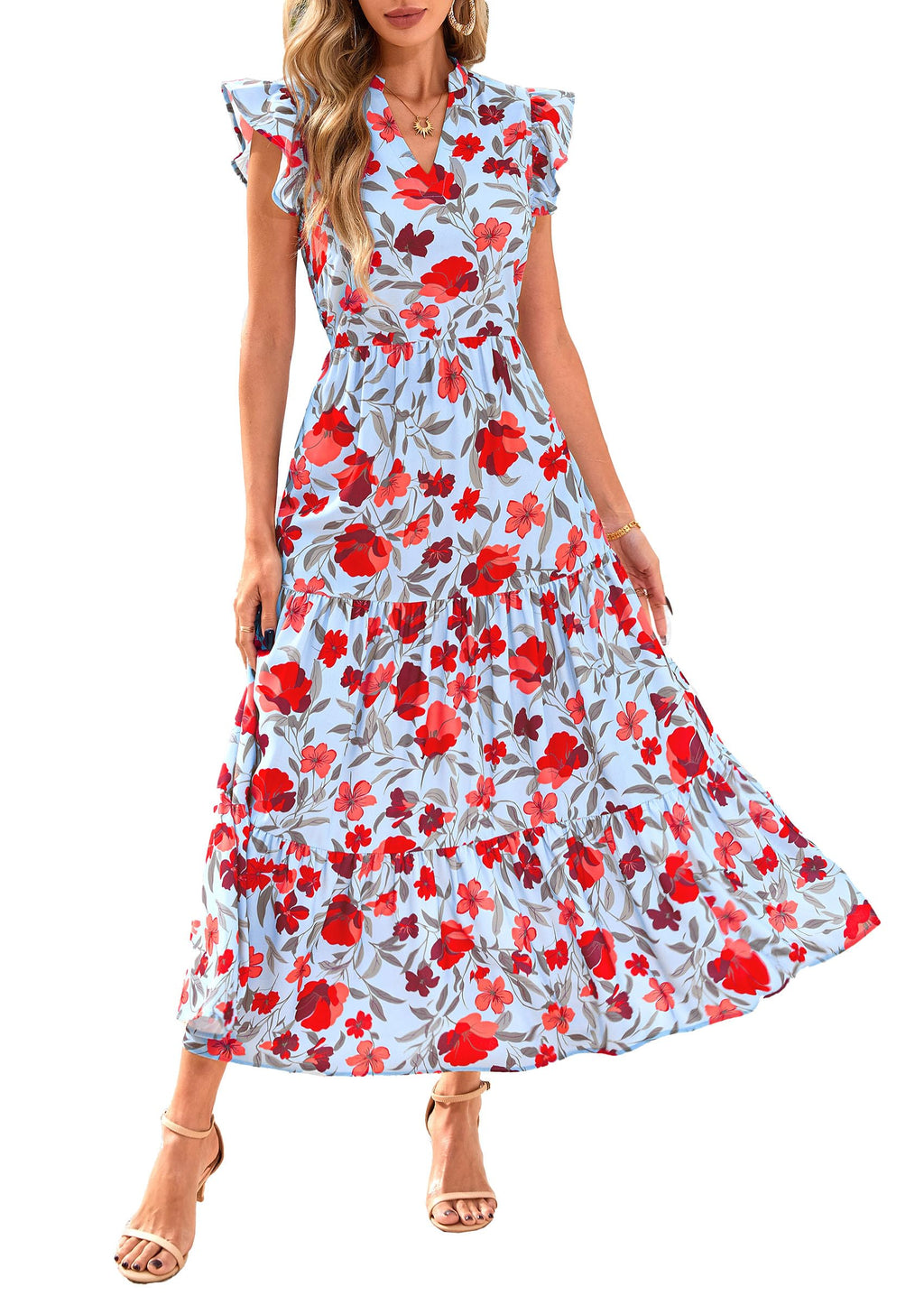 Visit the PRETTYGARDEN Store PRETTYGARDEN Women's Summer Floral Midi Dress Cap Sleeve V Neck Ruffle Long Flowy Boho Casual Beach Vacation Dresses