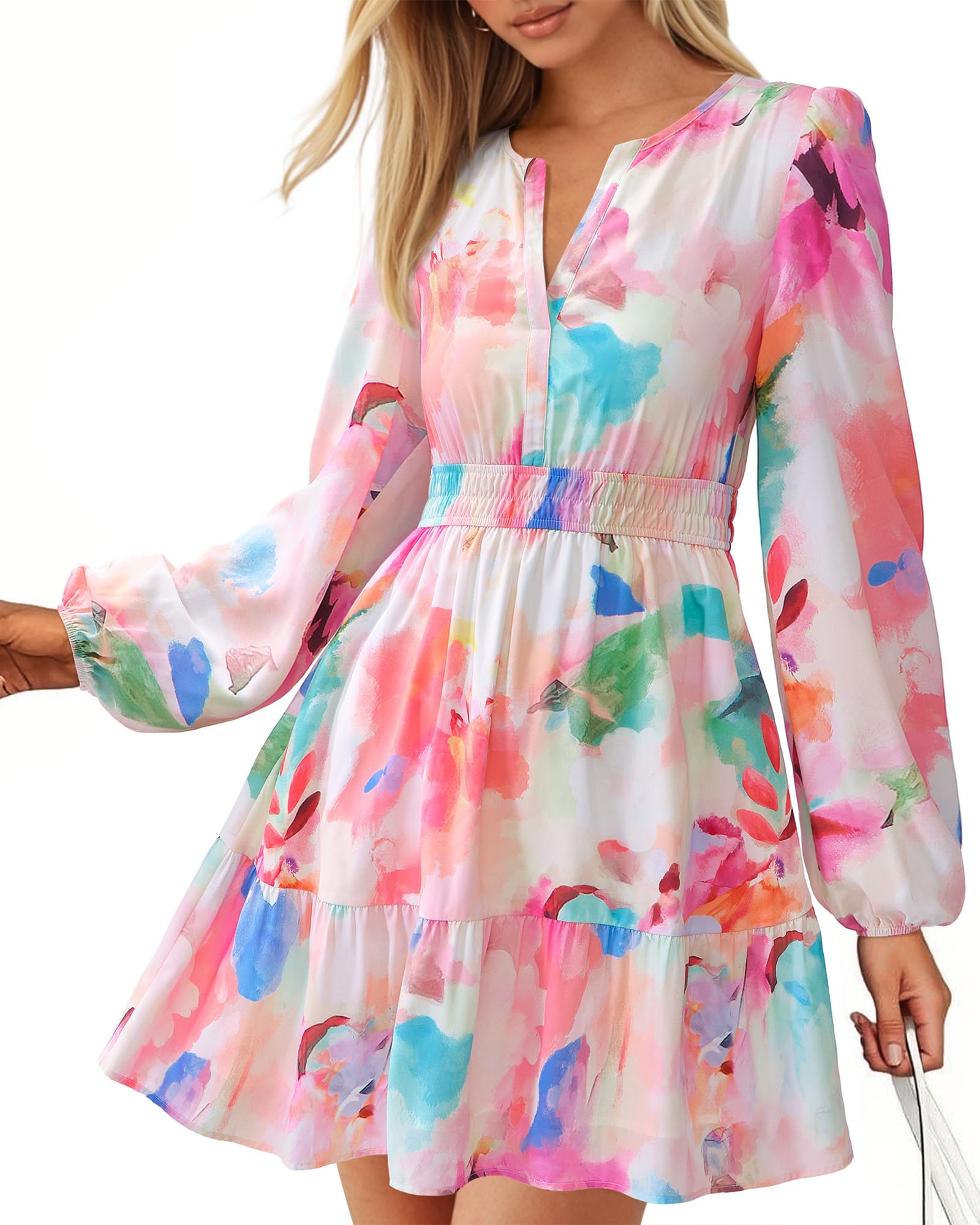 BTFBM Spring Dresses for Women Mini Long Sleeve Elastic Waist Summer Vacation Outfits Floral Wedding Guest Dress