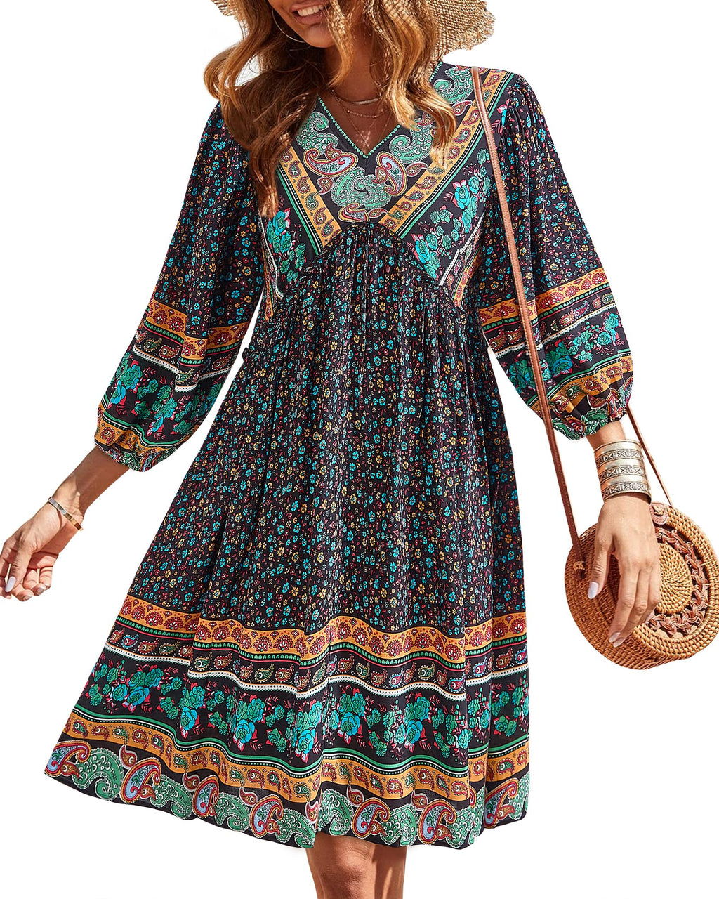 BTFBM Women Casual Spring Summer Dresses V Neck 3/4 Long Sleeve Ruffle Floral Flowy Boho Babydoll Mini Short Beach Dress
