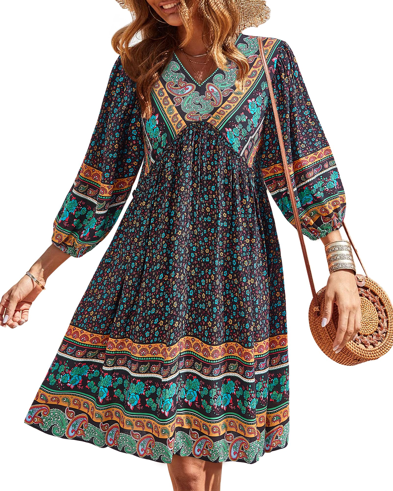 BTFBM Women Casual Spring Summer Dresses V Neck 3/4 Long Sleeve Ruffle Floral Flowy Boho Babydoll Mini Short Beach Dress