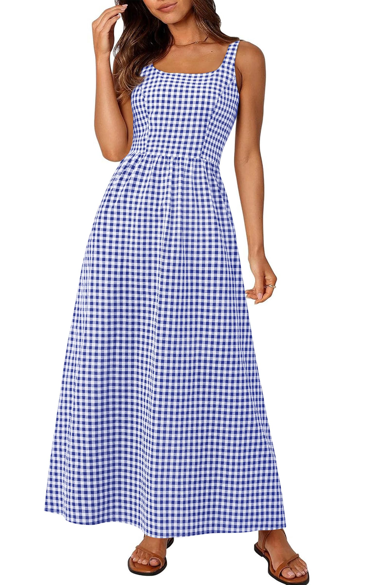 PRETTYGARDEN Women's Summer Spaghetti Strap Maxi Dresses Plaid Square Neck A Line Casual Beach Vacation Long Sundress